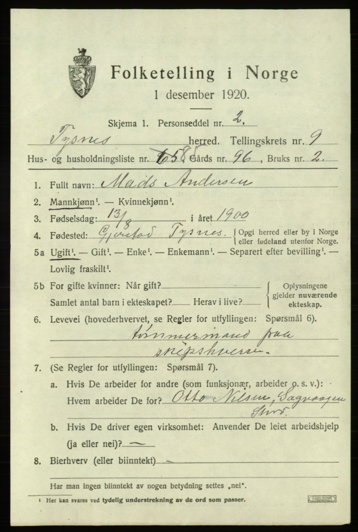 SAB, 1920 census for Tysnes, 1920, p. 7204