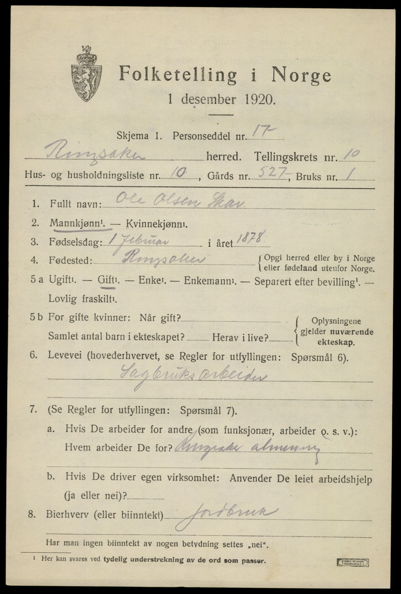 SAH, 1920 census for Ringsaker, 1920, p. 18320