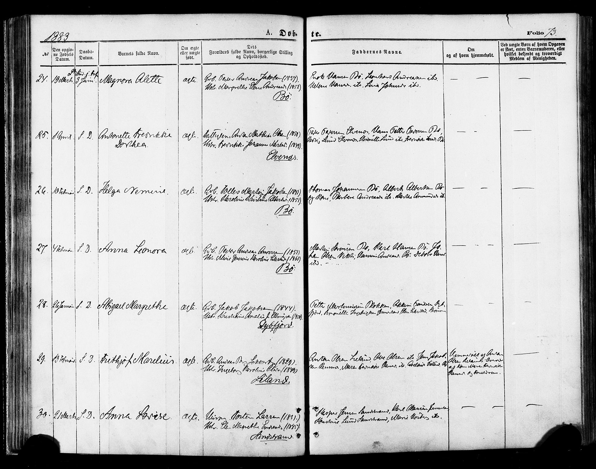 Ministerialprotokoller, klokkerbøker og fødselsregistre - Nordland, AV/SAT-A-1459/895/L1370: Parish register (official) no. 895A05, 1873-1884, p. 73