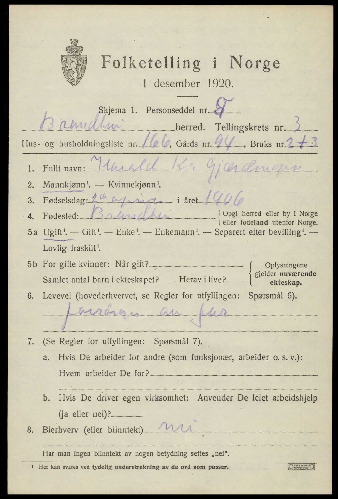 SAH, 1920 census for Brandbu, 1920, p. 9965
