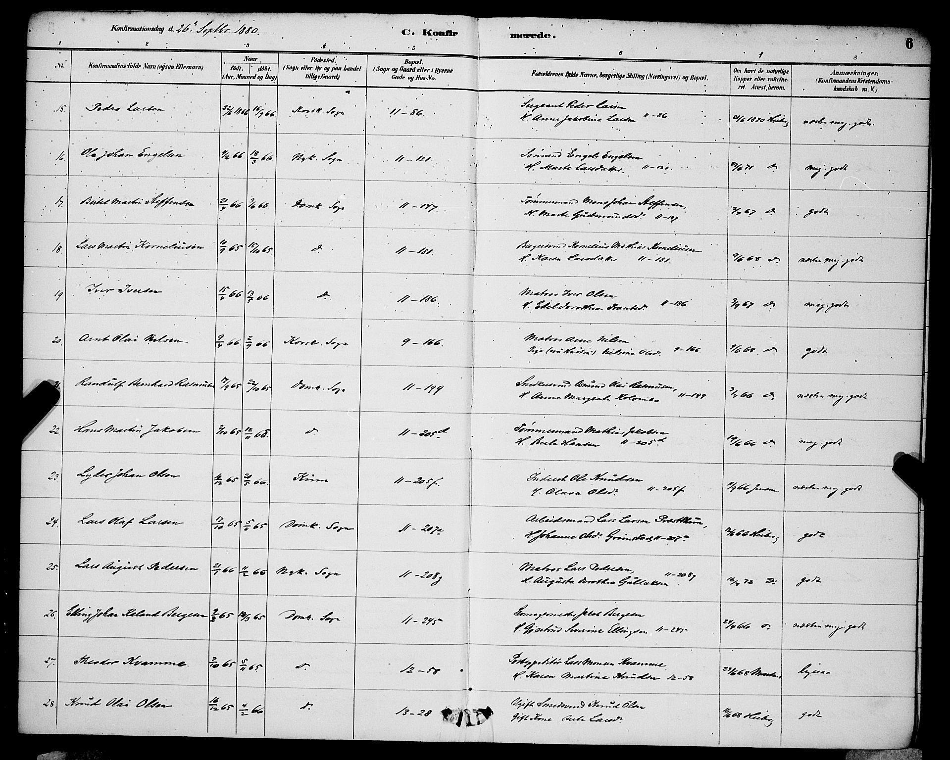 Domkirken sokneprestembete, SAB/A-74801/H/Hab/L0024: Parish register (copy) no. C 4, 1880-1899, p. 6