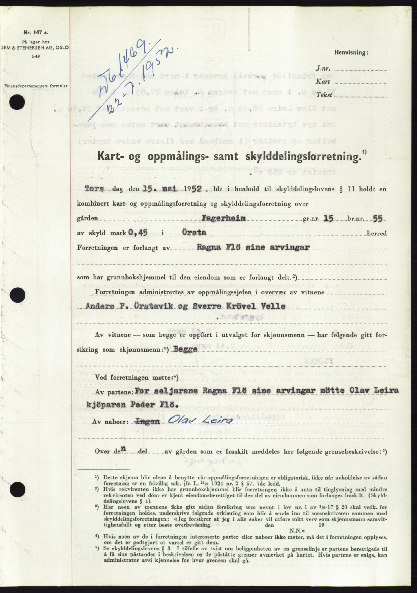 Søre Sunnmøre sorenskriveri, AV/SAT-A-4122/1/2/2C/L0092: Mortgage book no. 18A, 1952-1952, Diary no: : 1469/1952