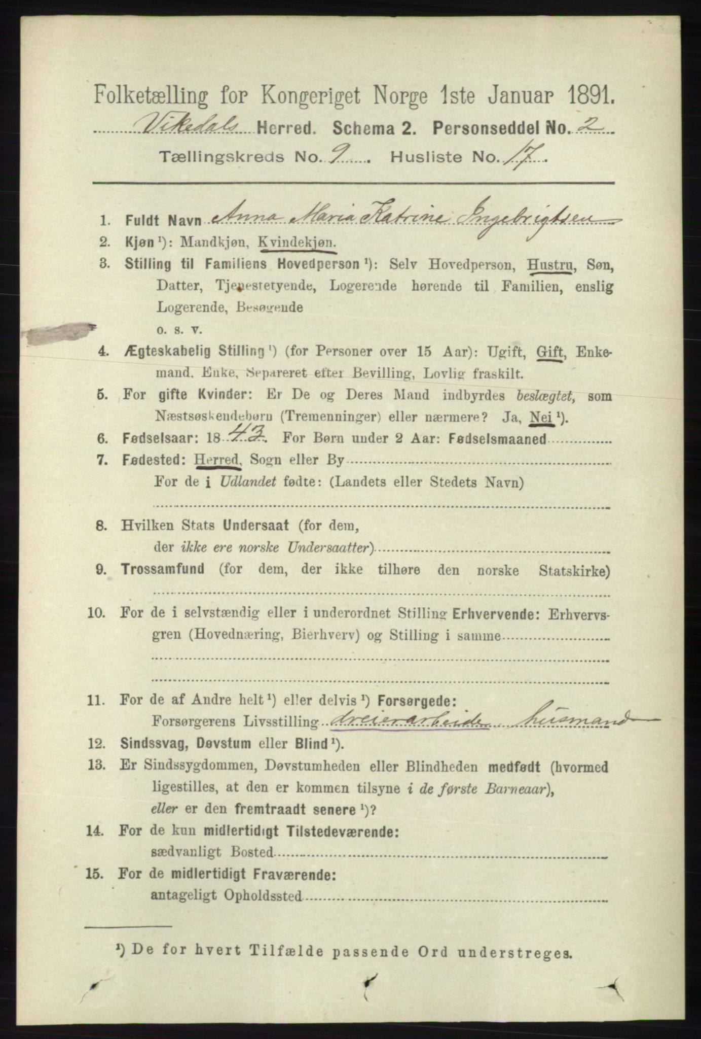 RA, 1891 census for 1157 Vikedal, 1891, p. 2440