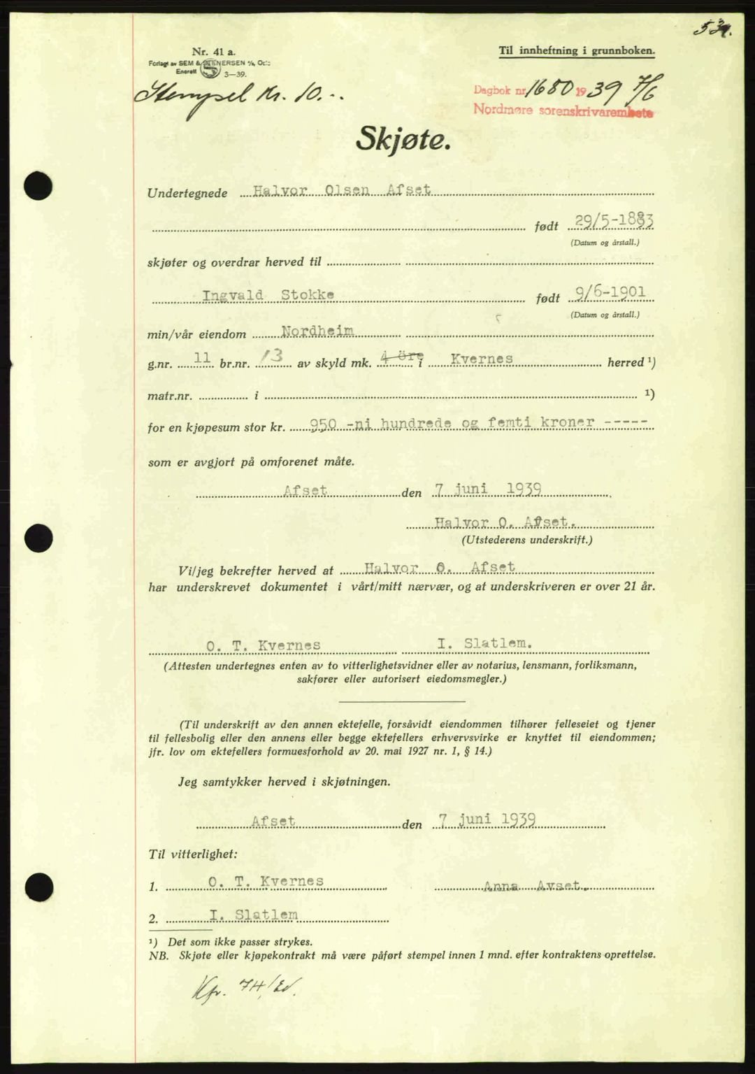 Nordmøre sorenskriveri, AV/SAT-A-4132/1/2/2Ca: Mortgage book no. A86, 1939-1939, Diary no: : 1580/1939