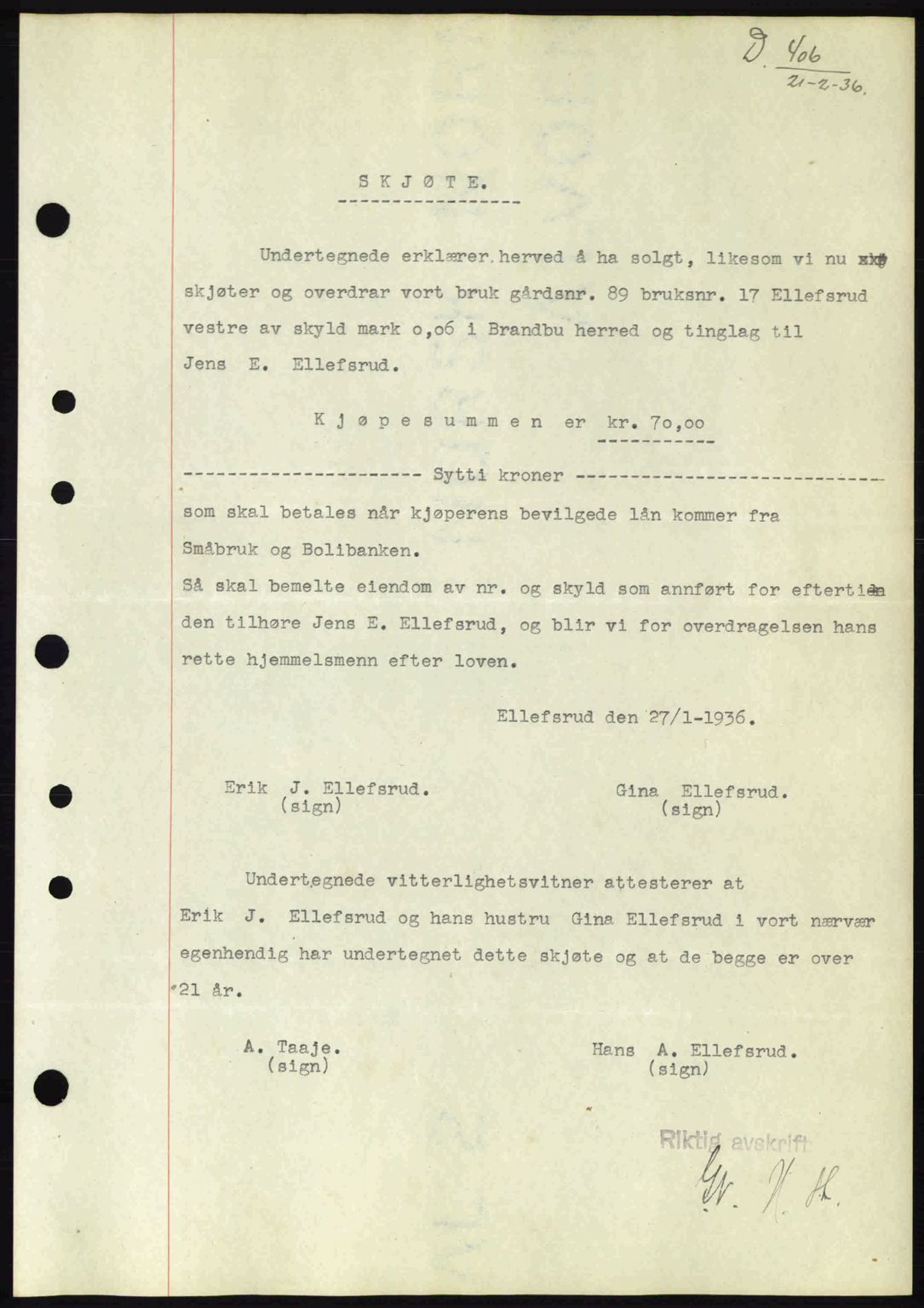 Hadeland og Land tingrett, AV/SAH-TING-010/H/Hb/Hbb/L0072: Mortgage book no. A72, 1936-1936, Diary no: : 406/1936