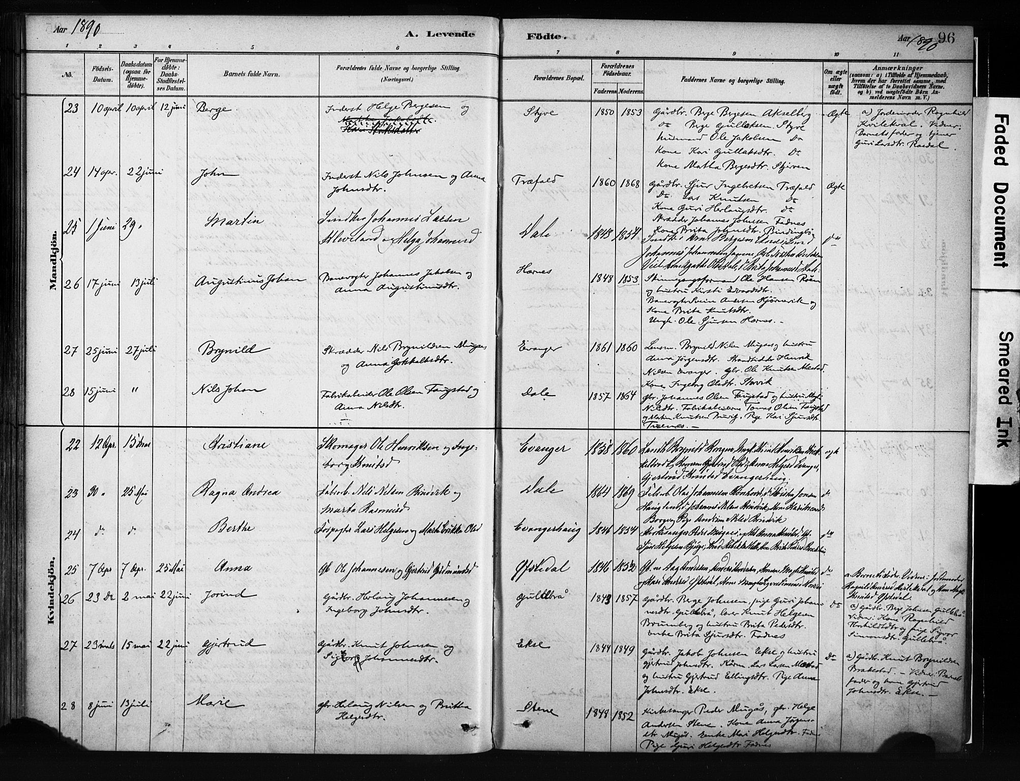 Evanger sokneprestembete, SAB/A-99924: Parish register (official) no. A 1, 1877-1899, p. 96