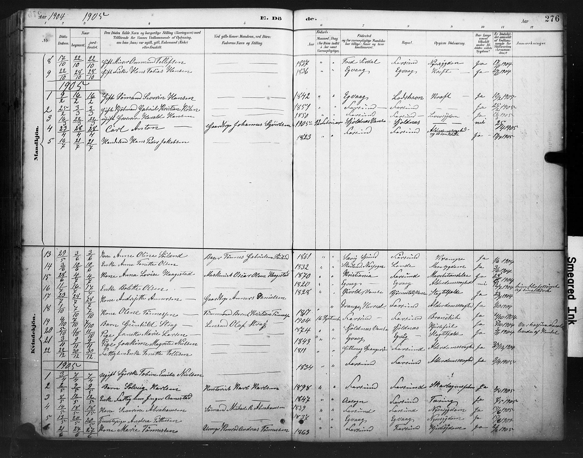 Farsund sokneprestkontor, AV/SAK-1111-0009/F/Fb/L0001: Parish register (copy) no. B 1, 1886-1931, p. 276