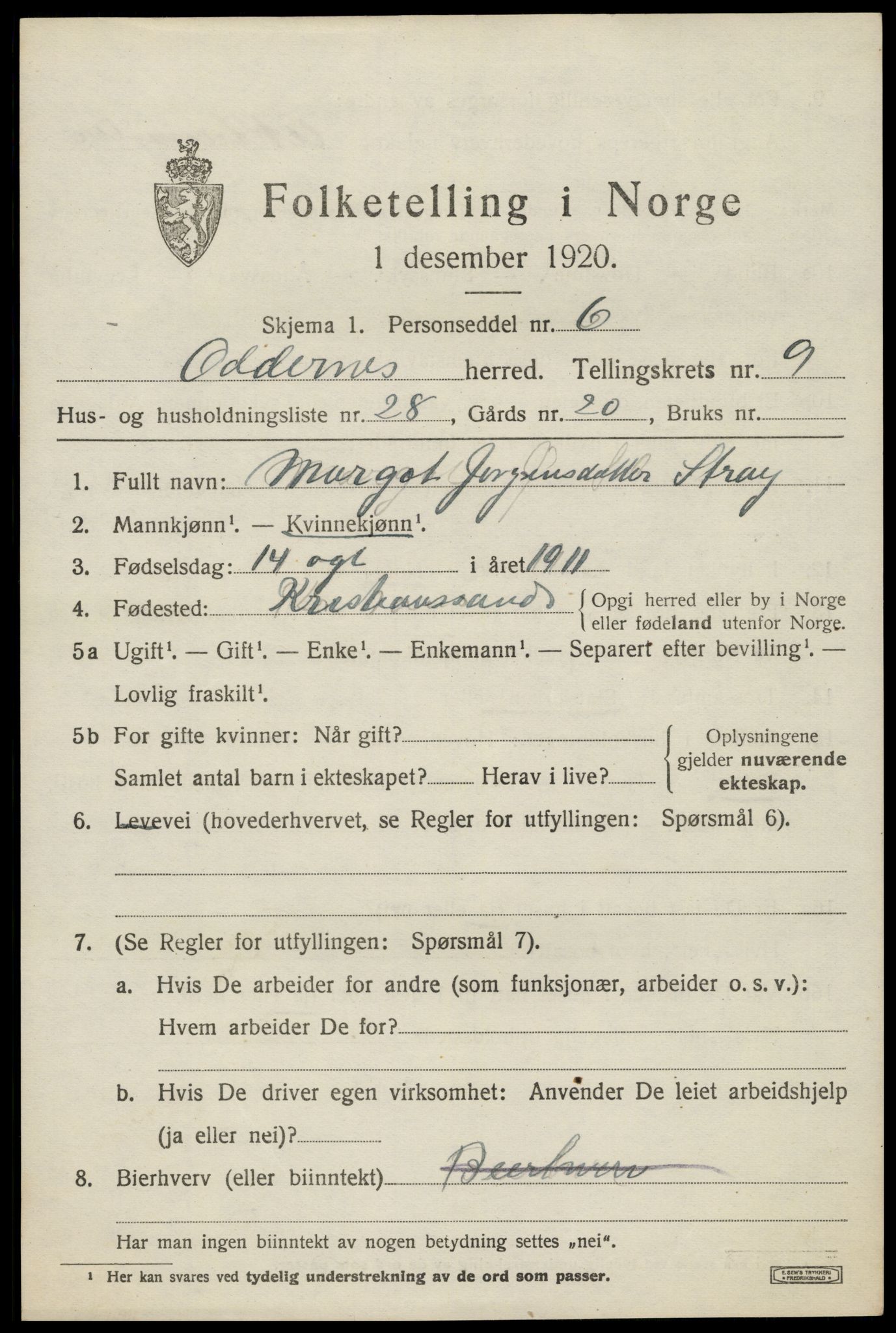 SAK, 1920 census for Oddernes, 1920, p. 6357