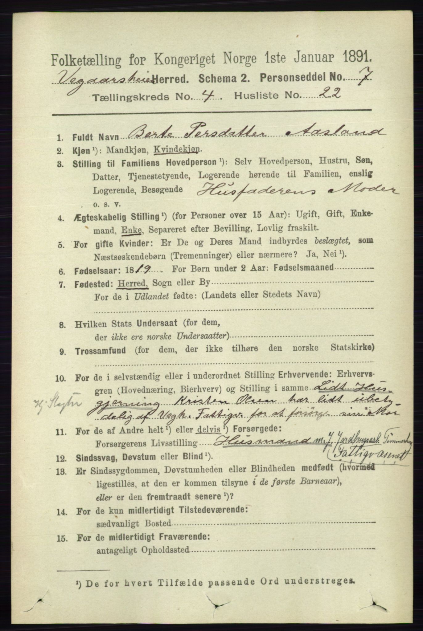 RA, 1891 census for 0912 Vegårshei, 1891, p. 914