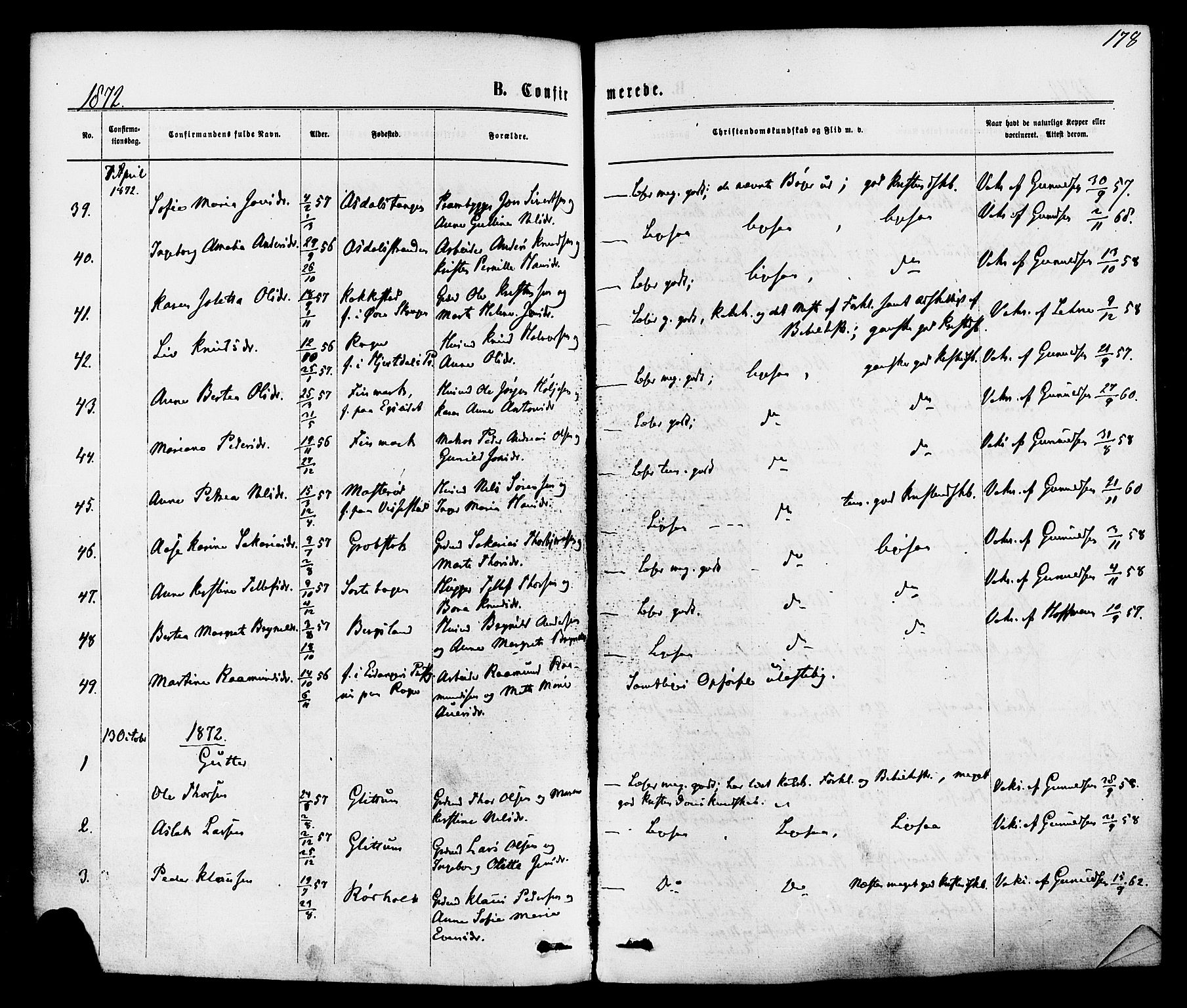 Bamble kirkebøker, AV/SAKO-A-253/F/Fa/L0006: Parish register (official) no. I 6, 1869-1877, p. 178