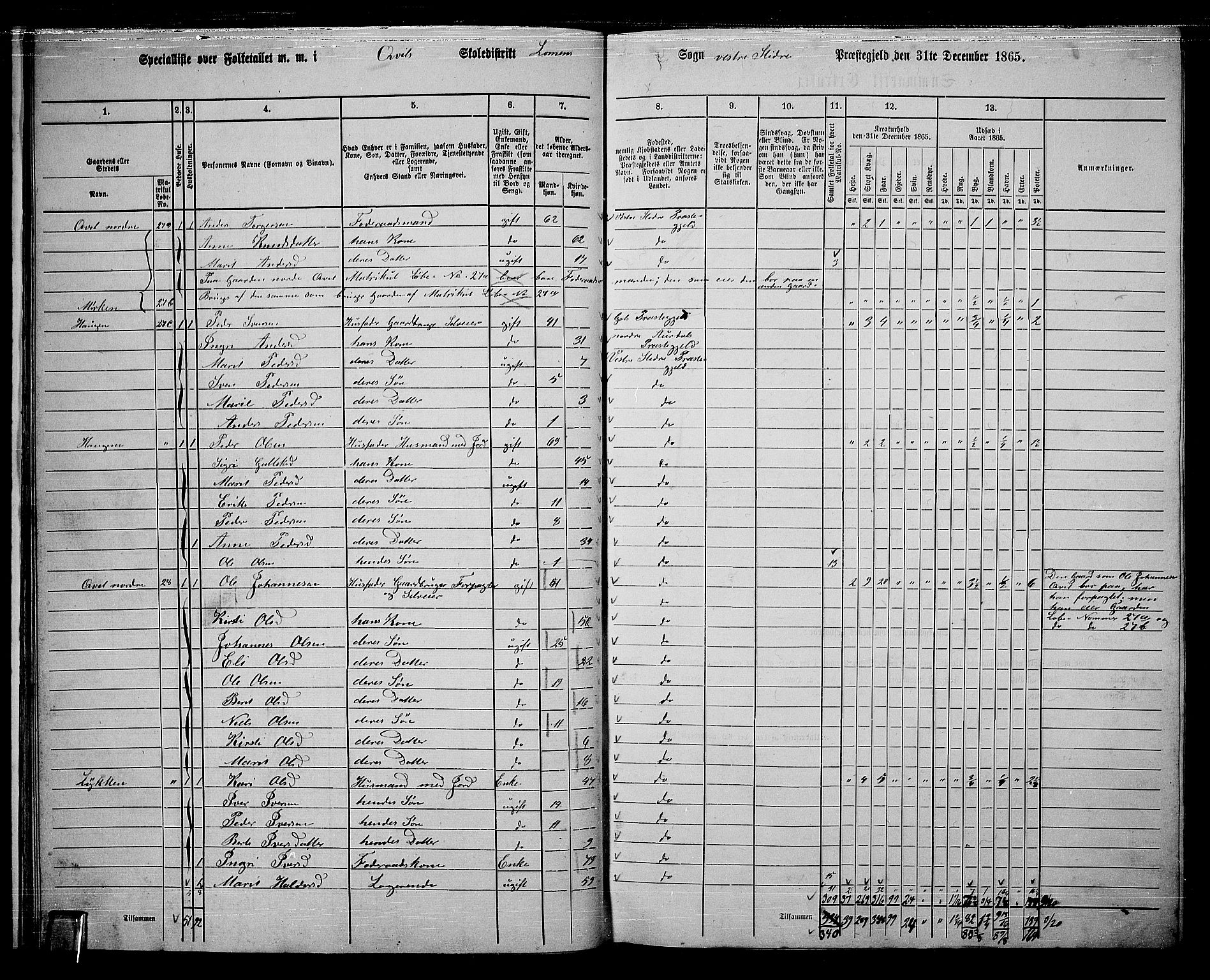 RA, 1865 census for Vestre Slidre, 1865, p. 21