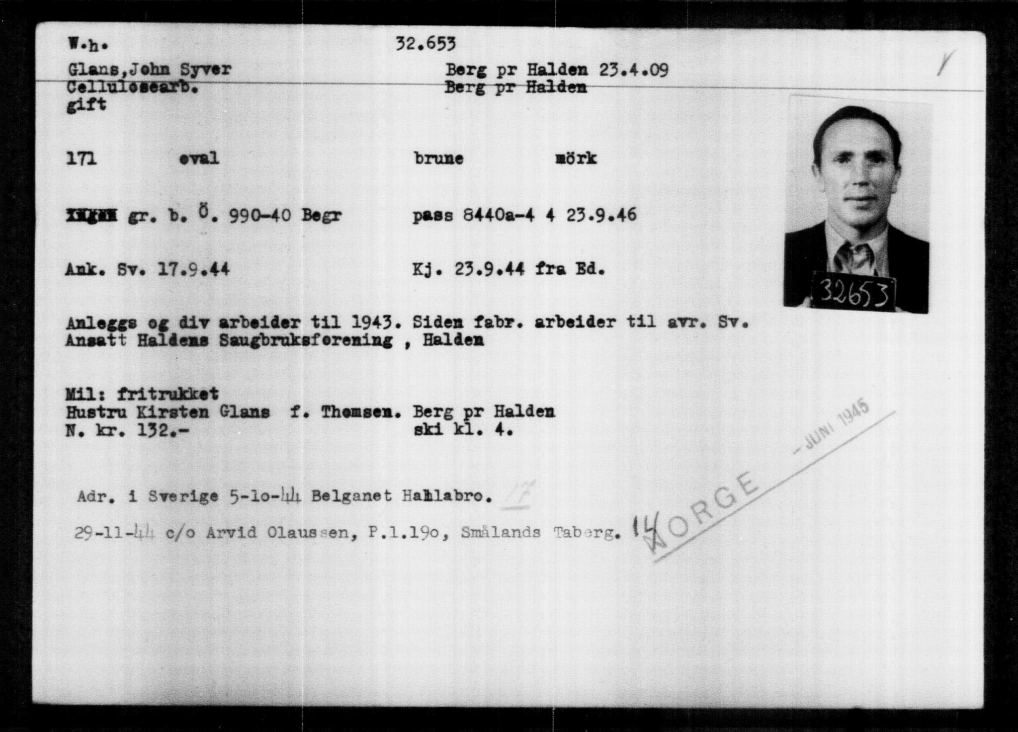 Utenriksstasjonene, Legasjonen i Stockholm, Flyktningkontoret, AV/RA-S-6753/V/Va/L0013: Kjesäterkartoteket, flyktninger med registreringsnr. 31500-34731, 1940-1945, p. 1216