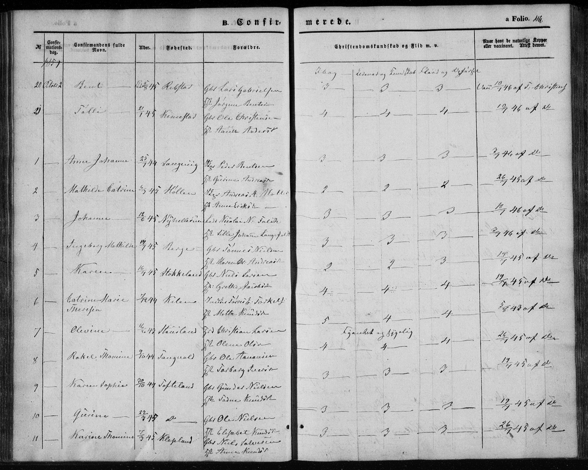 Søgne sokneprestkontor, SAK/1111-0037/F/Fa/Fab/L0010: Parish register (official) no. A 10, 1853-1869, p. 116