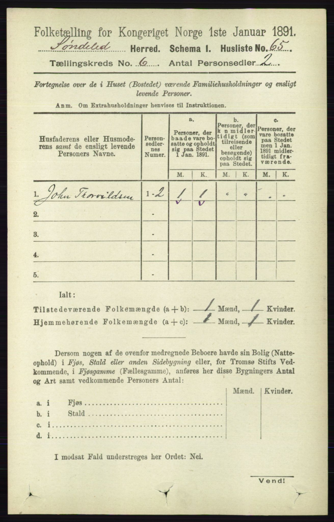 RA, 1891 census for 0913 Søndeled, 1891, p. 1806