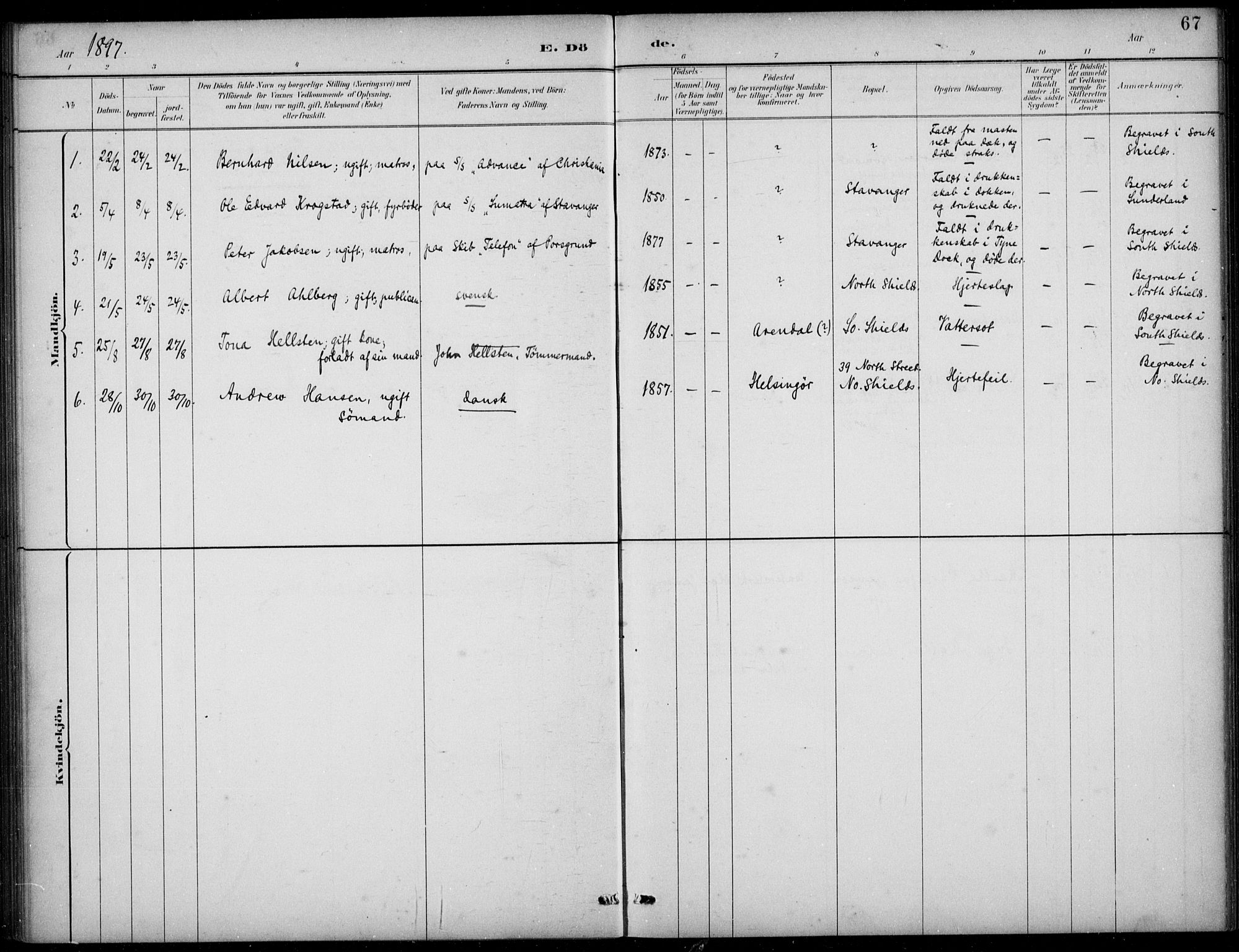 Den norske sjømannsmisjon i utlandet/Tyne-havnene (North Shields og New Castle), SAB/SAB/PA-0101/H/Ha/L0002: Parish register (official) no. A 2, 1883-1938, p. 67