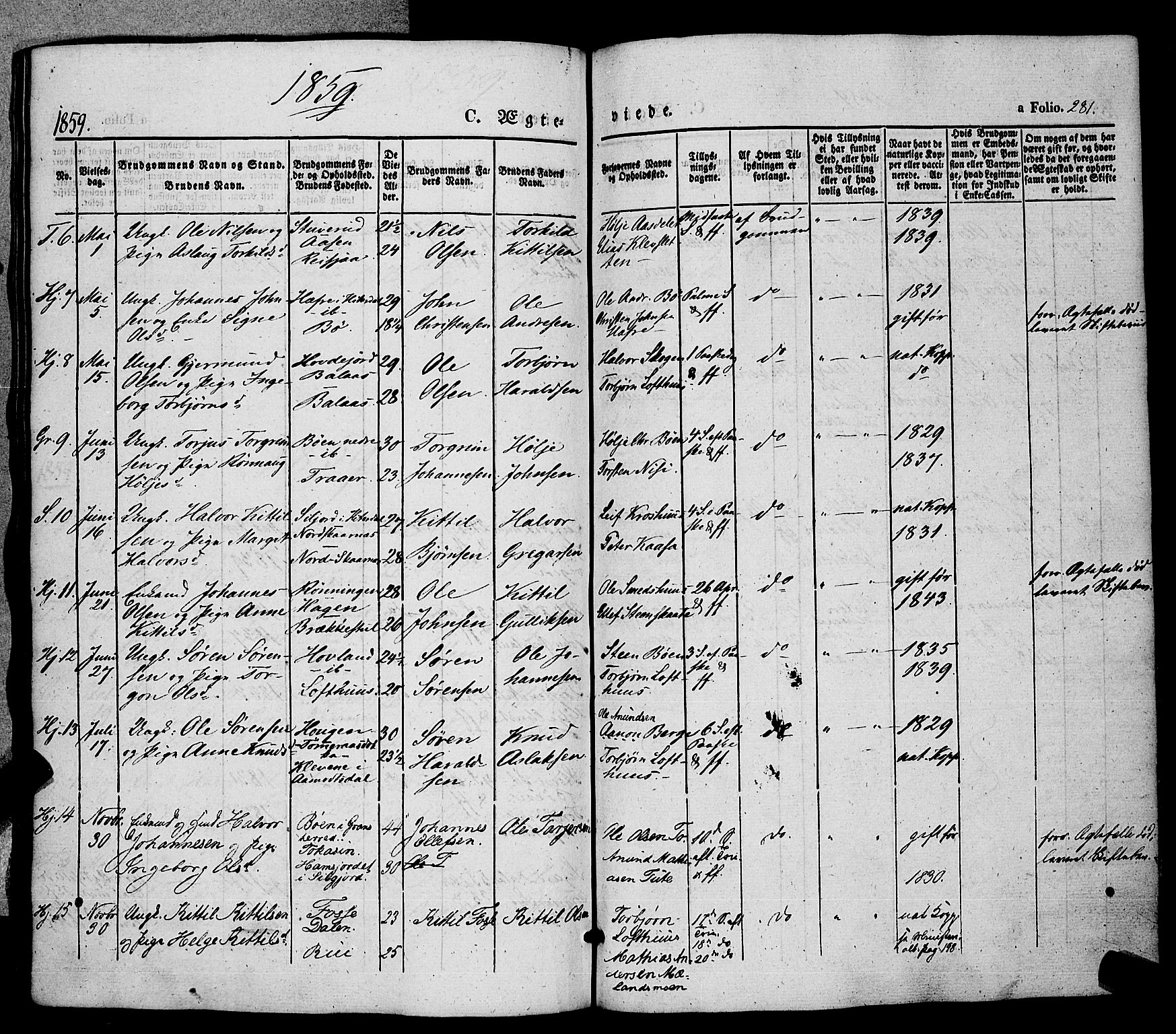 Hjartdal kirkebøker, SAKO/A-270/F/Fa/L0008: Parish register (official) no. I 8, 1844-1859, p. 281