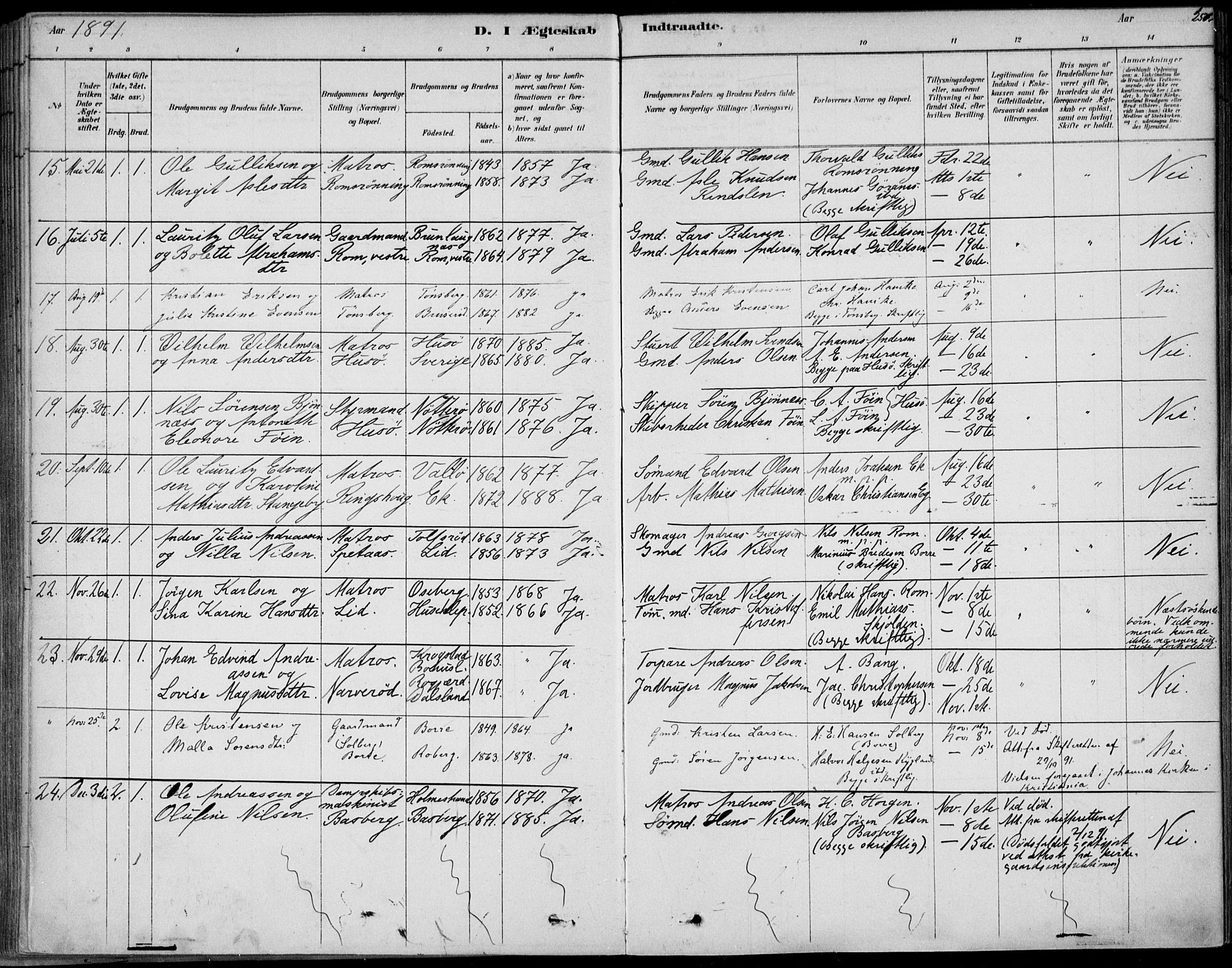 Sem kirkebøker, AV/SAKO-A-5/F/Fb/L0004: Parish register (official) no. II 4, 1878-1891, p. 250