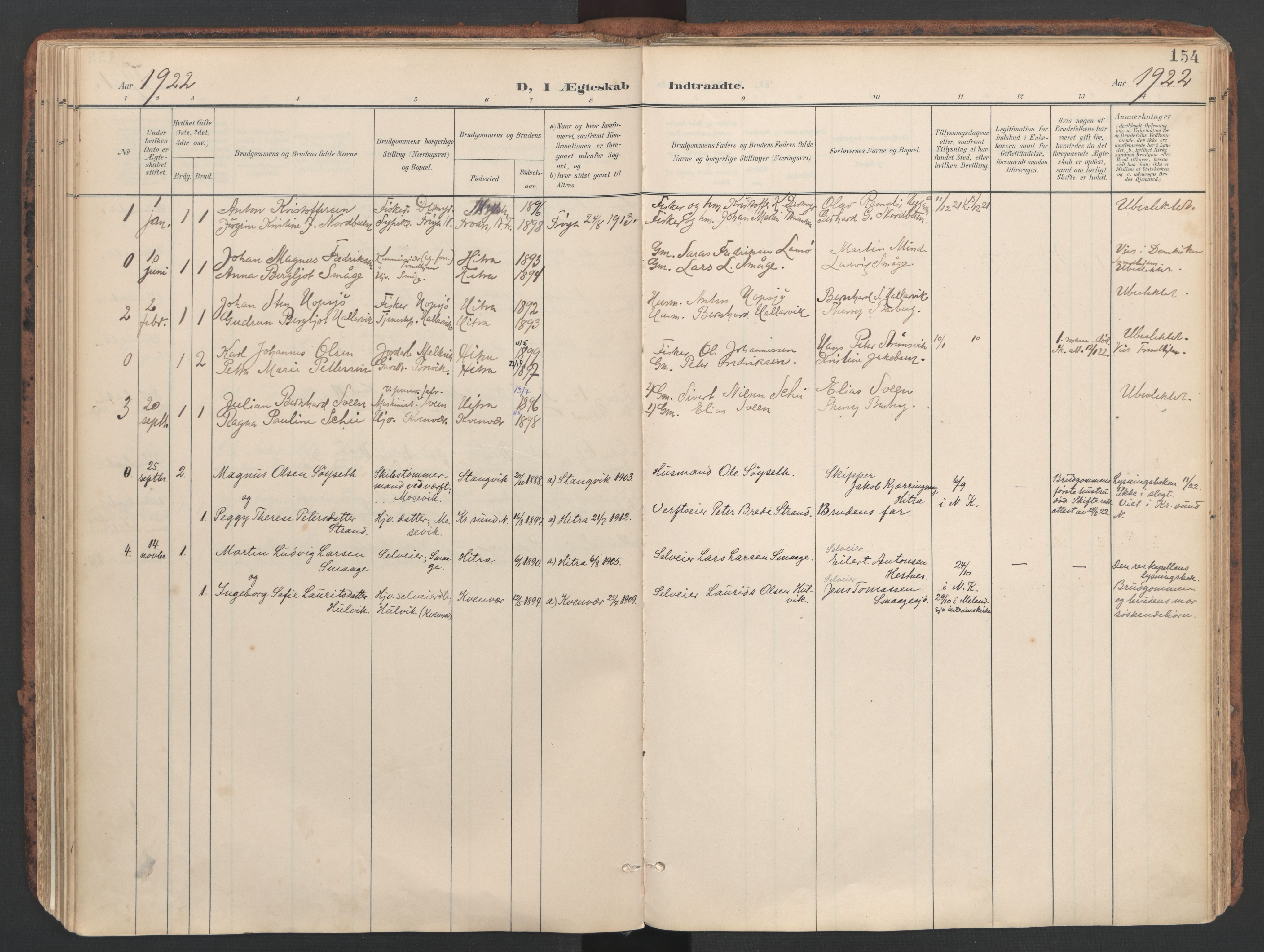 Ministerialprotokoller, klokkerbøker og fødselsregistre - Sør-Trøndelag, SAT/A-1456/634/L0537: Parish register (official) no. 634A13, 1896-1922, p. 154