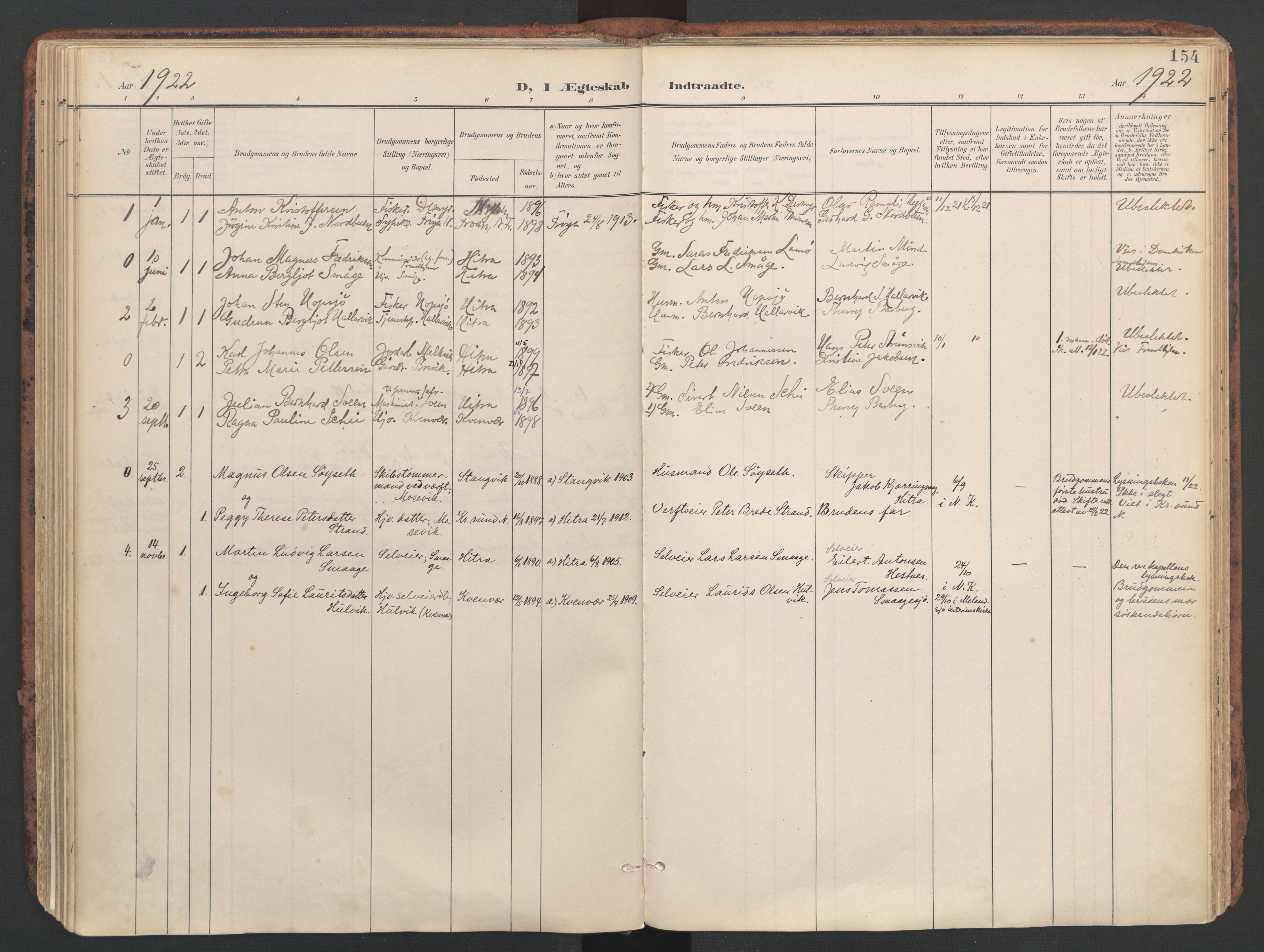 Ministerialprotokoller, klokkerbøker og fødselsregistre - Sør-Trøndelag, AV/SAT-A-1456/634/L0537: Parish register (official) no. 634A13, 1896-1922, p. 154