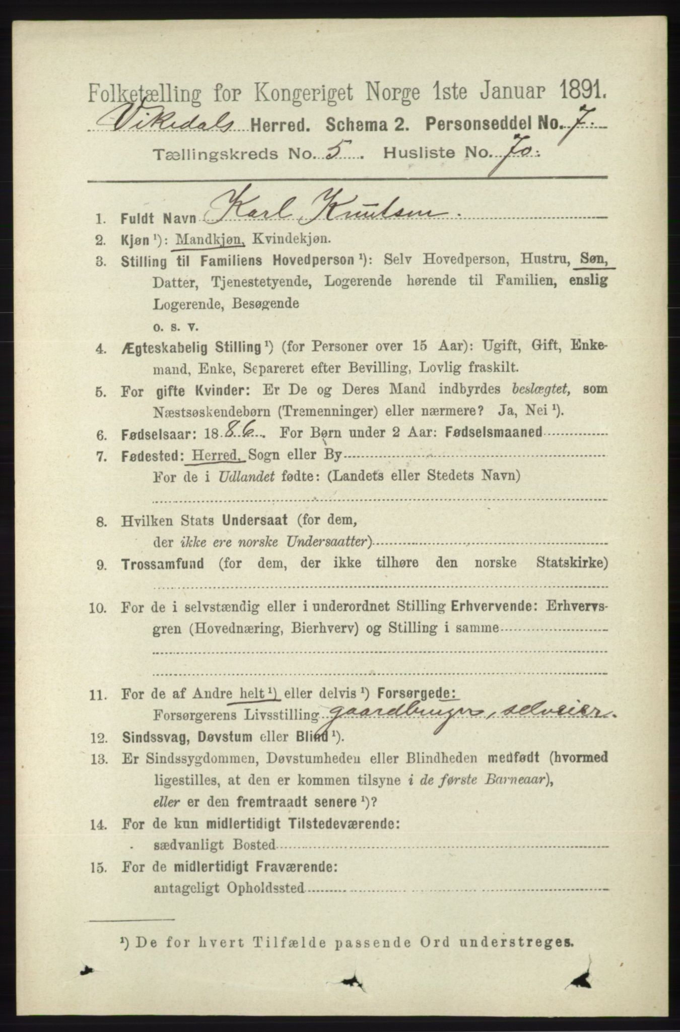 RA, 1891 census for 1157 Vikedal, 1891, p. 1487