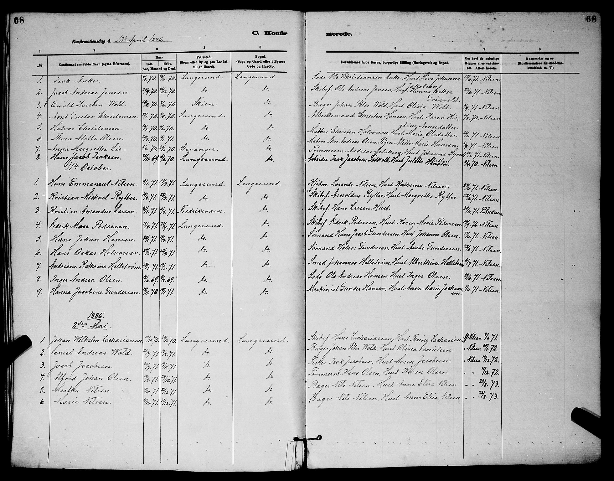 Langesund kirkebøker, SAKO/A-280/G/Ga/L0005: Parish register (copy) no. 5, 1884-1898, p. 68