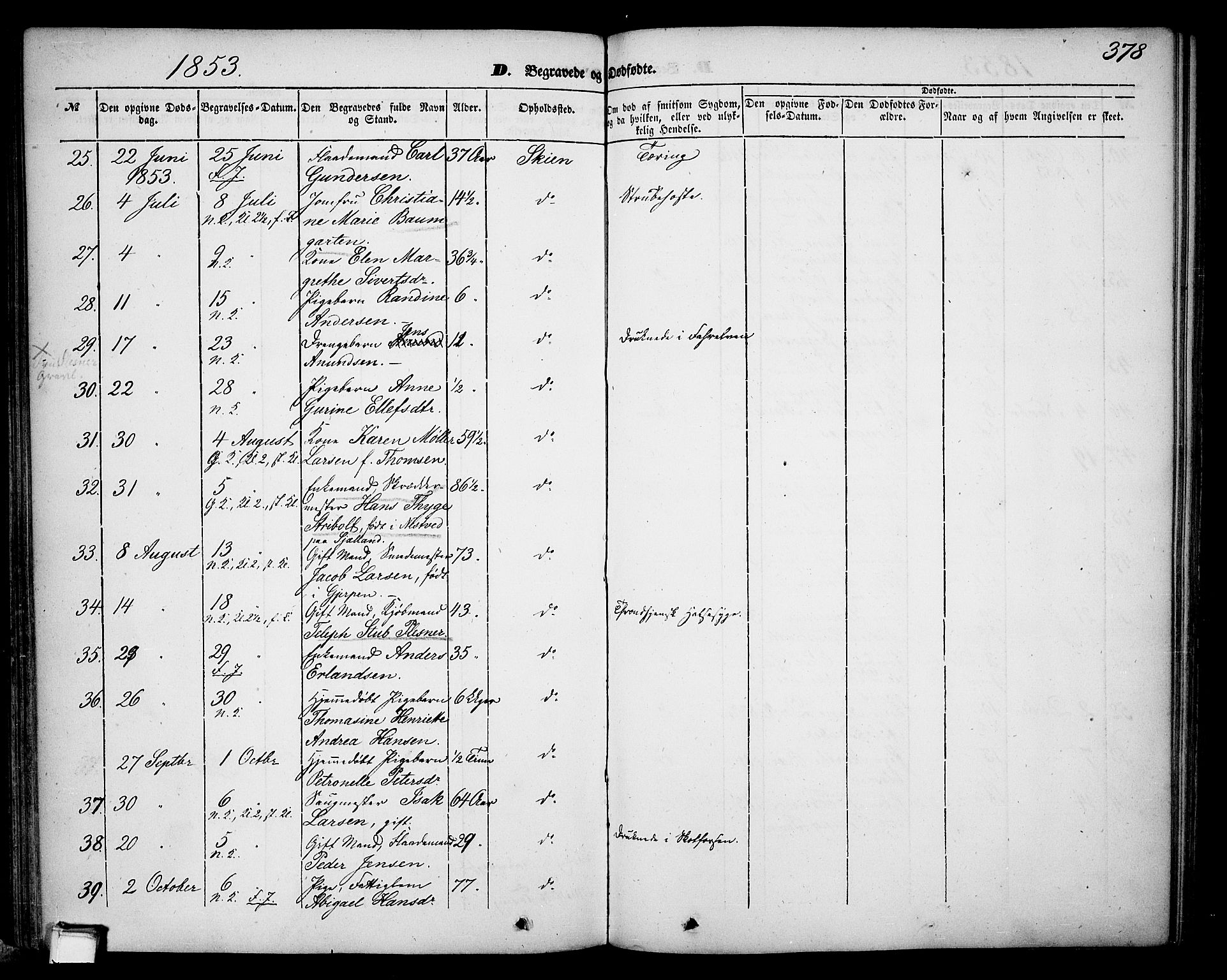 Skien kirkebøker, SAKO/A-302/G/Ga/L0004: Parish register (copy) no. 4, 1843-1867, p. 378