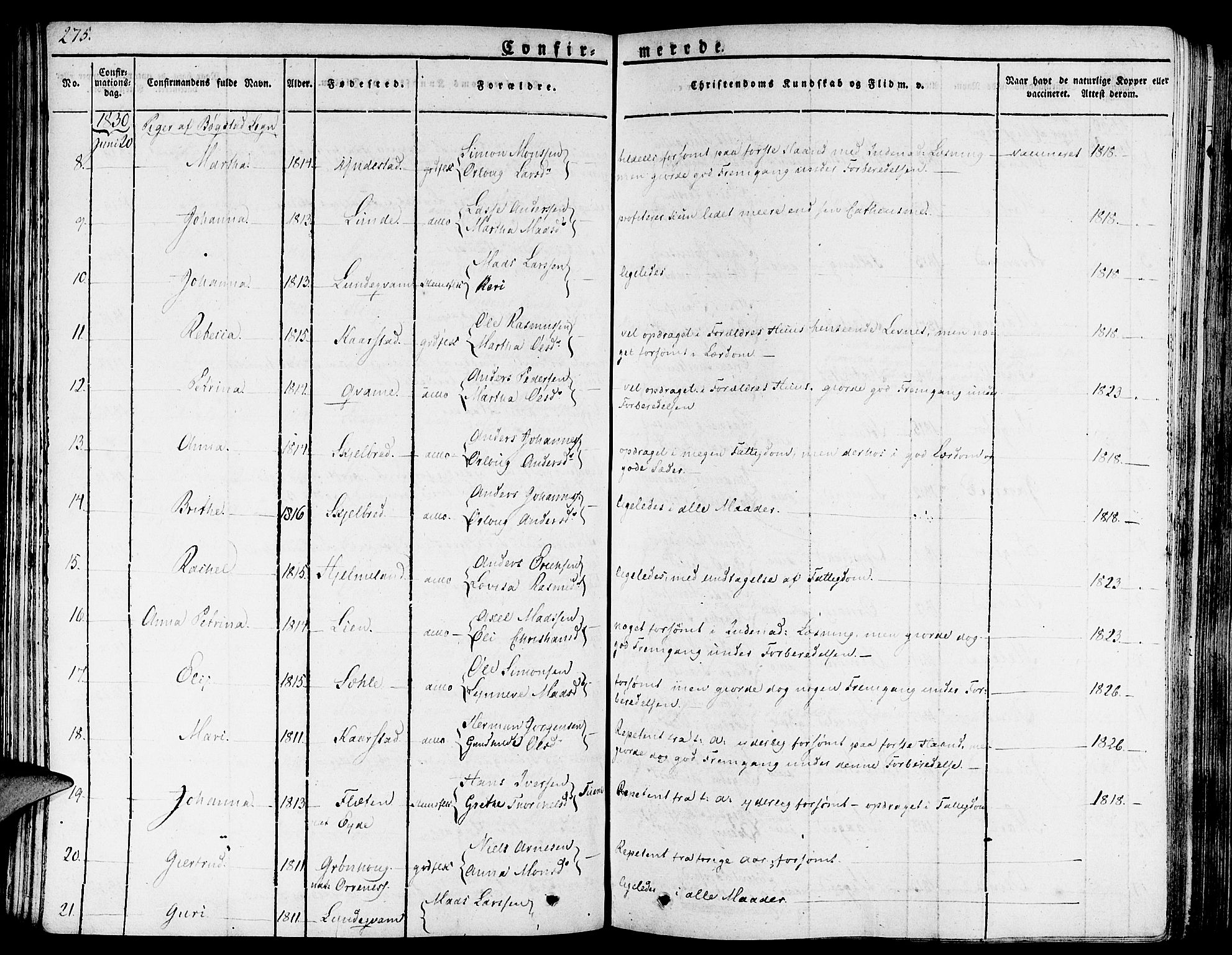 Gaular sokneprestembete, AV/SAB-A-80001/H/Haa: Parish register (official) no. A 3, 1821-1840, p. 275