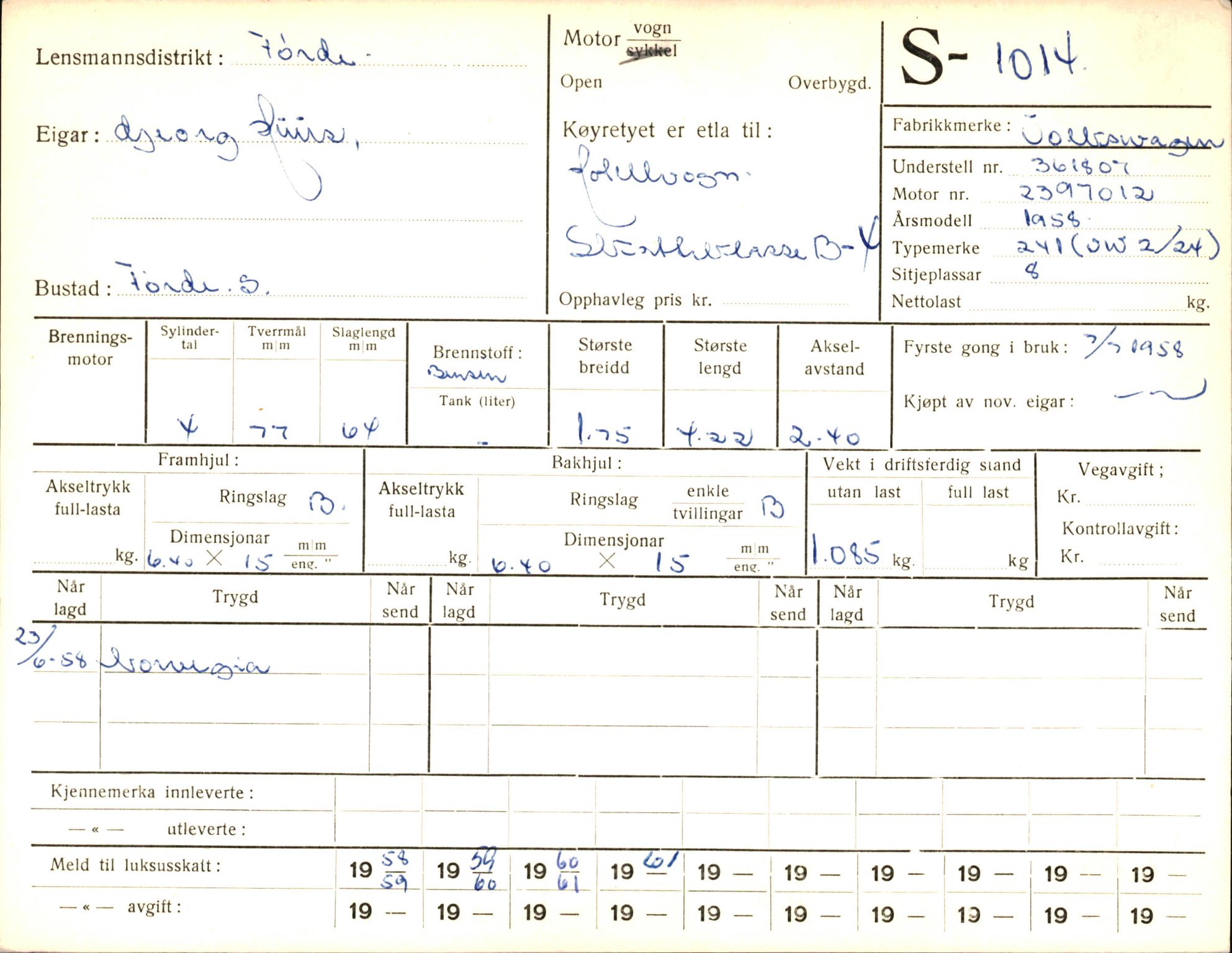 Statens vegvesen, Sogn og Fjordane vegkontor, AV/SAB-A-5301/4/F/L0003: Registerkort utmeldte Fjordane S1000-2499, 1930-1961, p. 23