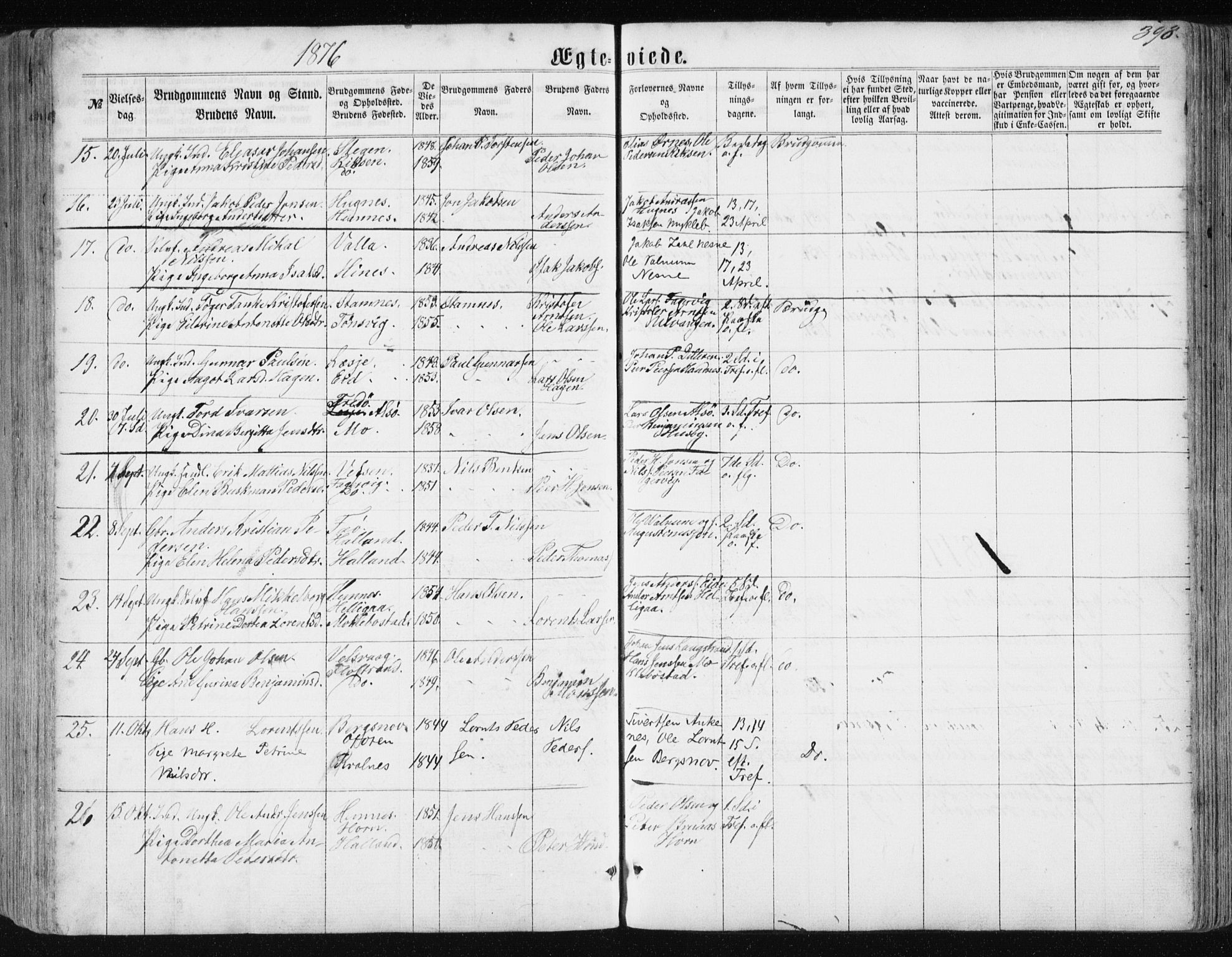 Ministerialprotokoller, klokkerbøker og fødselsregistre - Nordland, AV/SAT-A-1459/838/L0556: Parish register (copy) no. 838C03, 1861-1893, p. 398