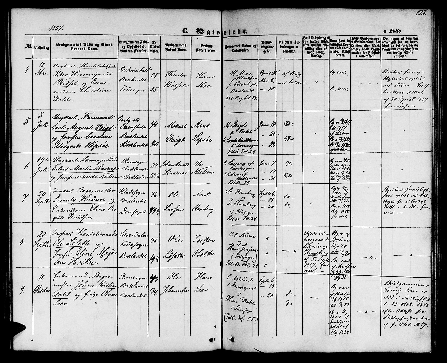 Ministerialprotokoller, klokkerbøker og fødselsregistre - Sør-Trøndelag, SAT/A-1456/604/L0184: Parish register (official) no. 604A05, 1851-1860, p. 128