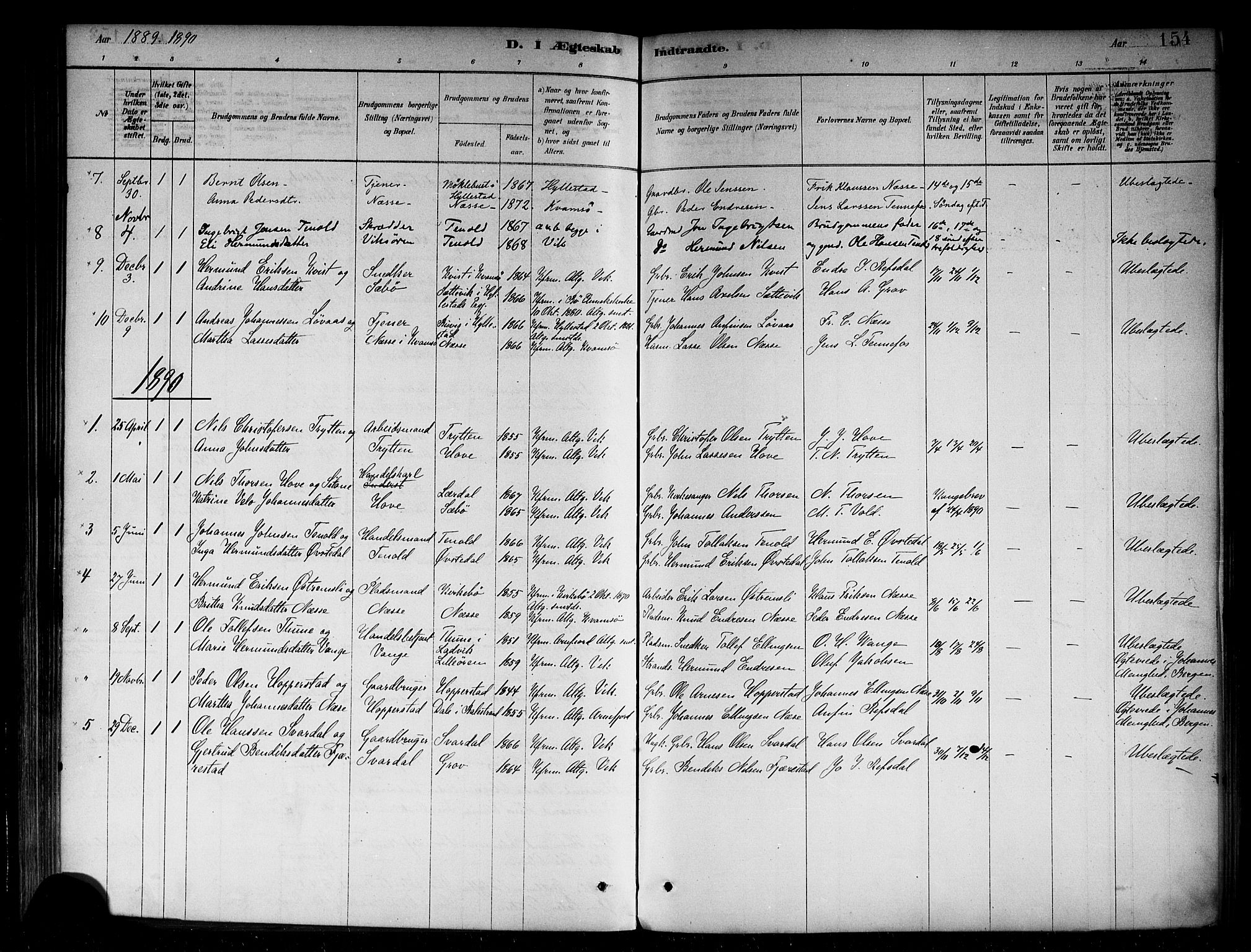 Vik sokneprestembete, SAB/A-81501: Parish register (official) no. B 1, 1878-1890, p. 154