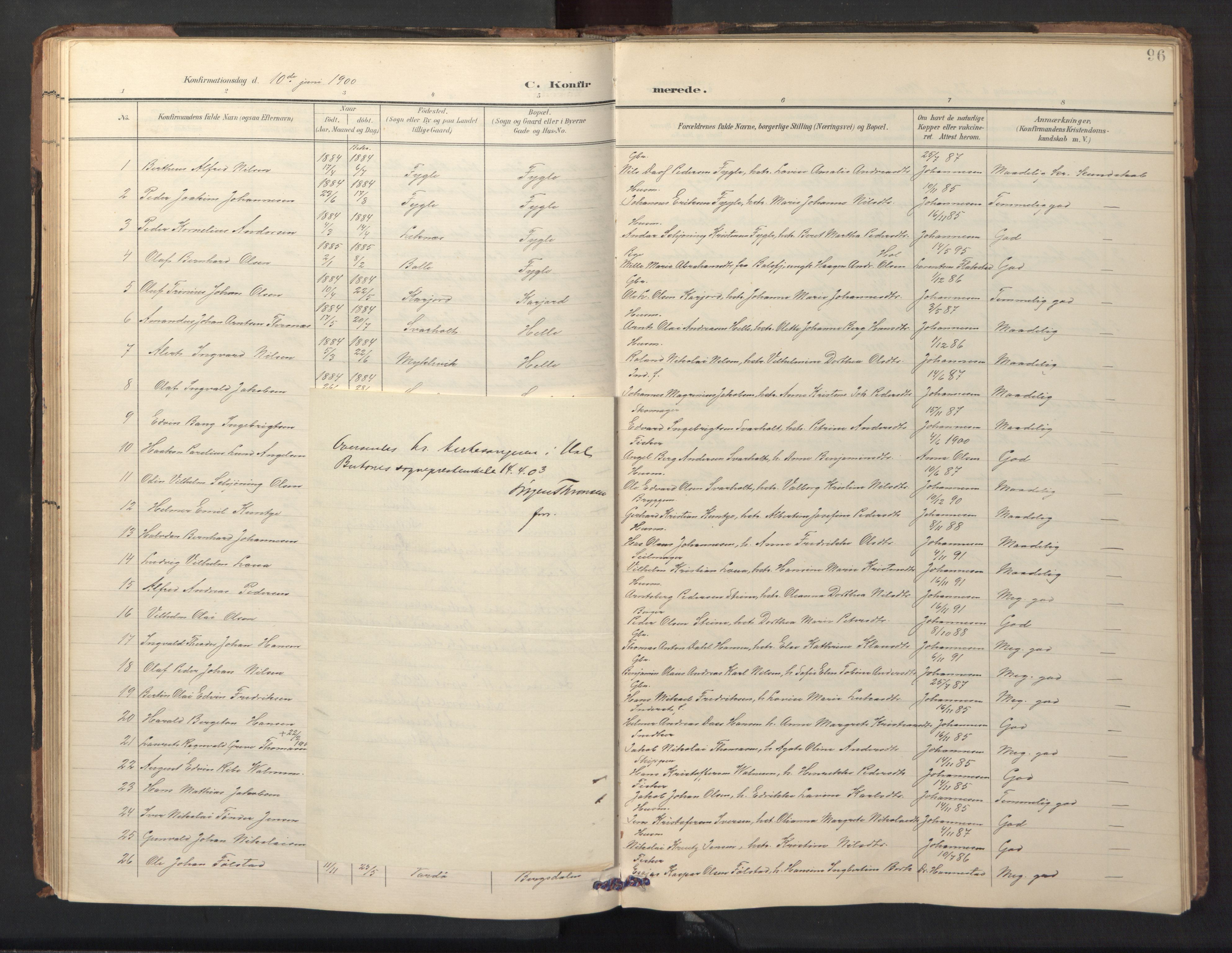 Ministerialprotokoller, klokkerbøker og fødselsregistre - Nordland, AV/SAT-A-1459/882/L1185: Parish register (copy) no. 882C03, 1898-1910, p. 96