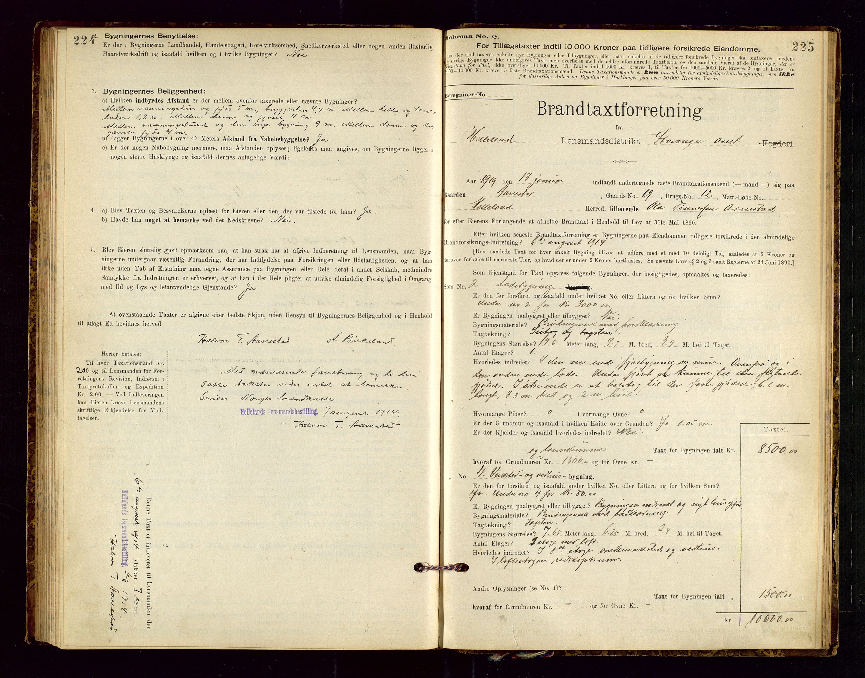 Helleland lensmannskontor, SAST/A-100209/Gob/L0001: "Brandtaxationsprotokol", 1896-1919, p. 224-225