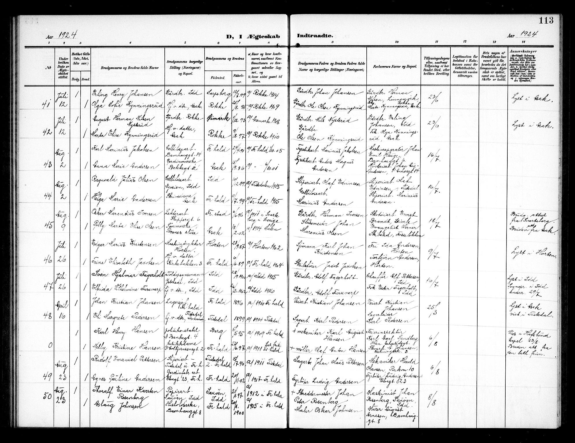 Halden prestekontor Kirkebøker, AV/SAO-A-10909/G/Ga/L0011: Parish register (copy) no. 11, 1906-1934, p. 113