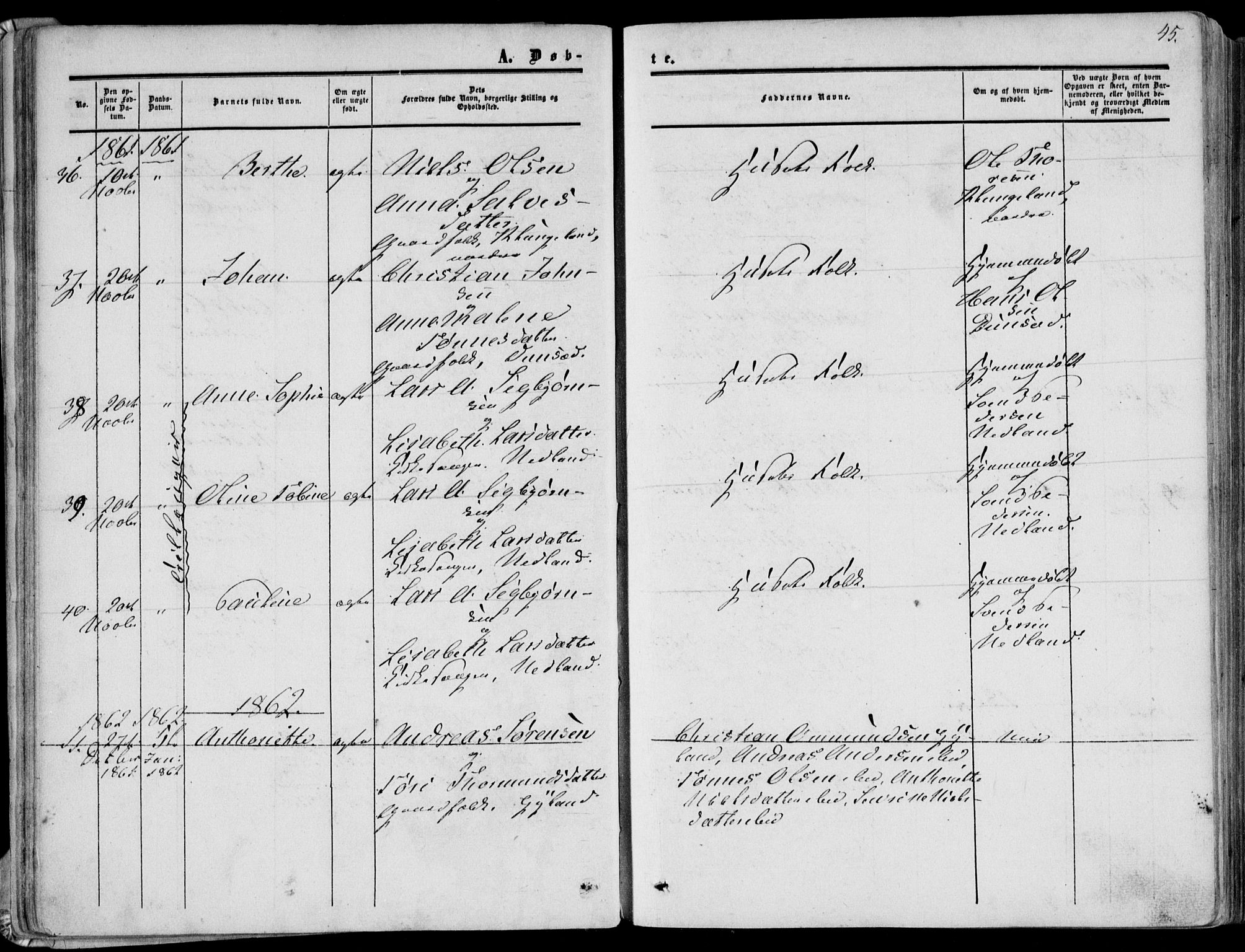 Bakke sokneprestkontor, SAK/1111-0002/F/Fa/Fab/L0002: Parish register (official) no. A 2, 1855-1884, p. 45