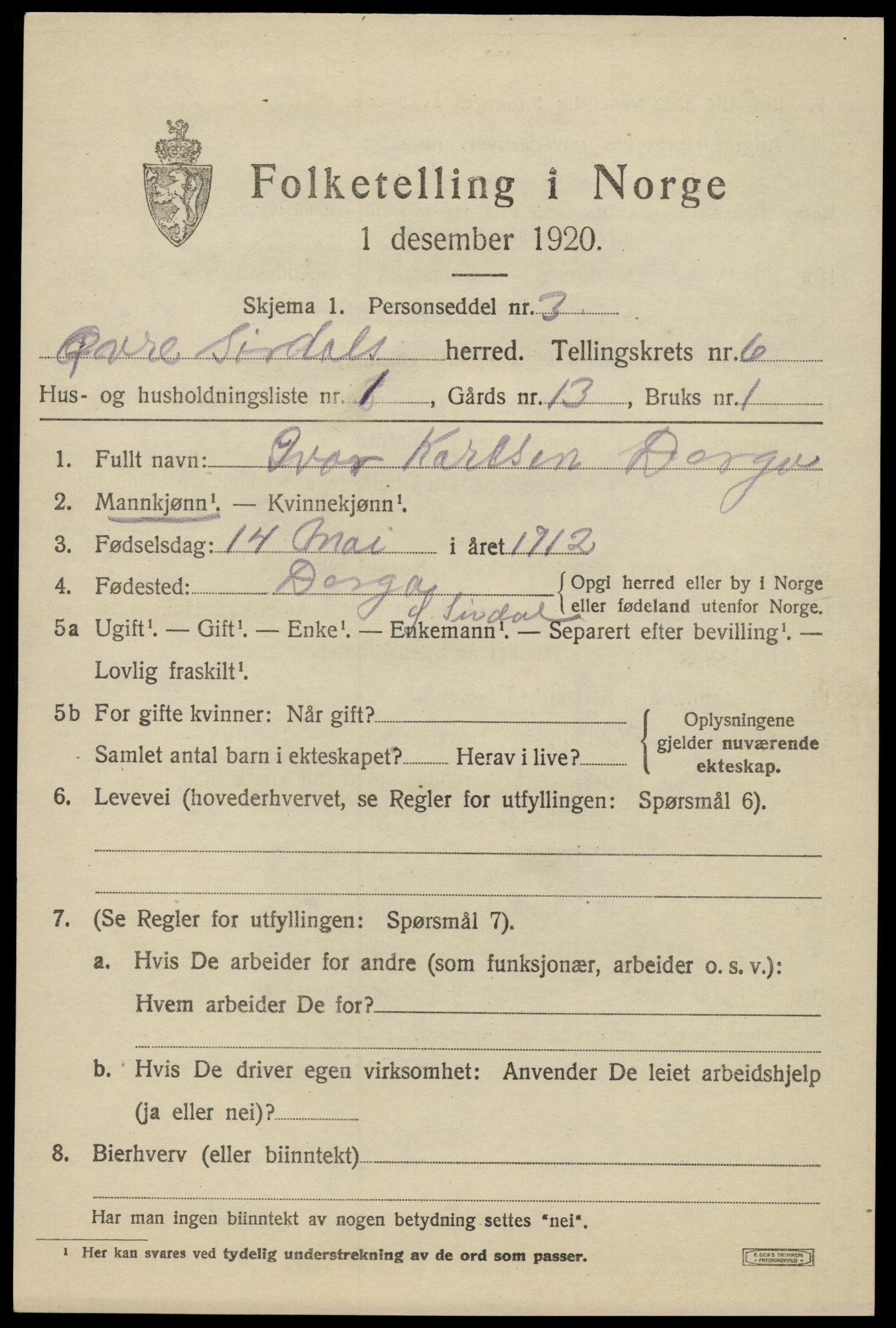 SAK, 1920 census for Øvre Sirdal, 1920, p. 1047