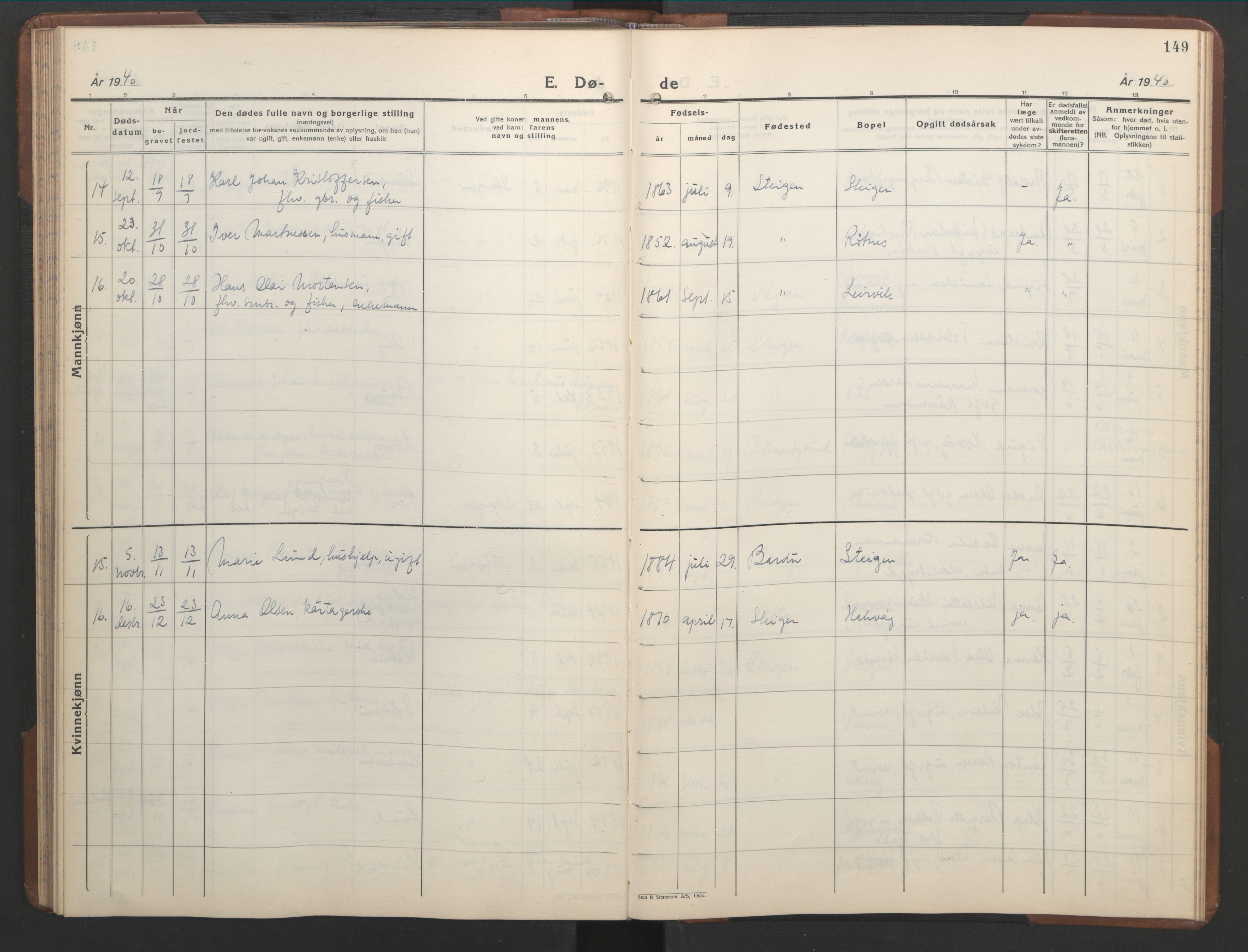 Ministerialprotokoller, klokkerbøker og fødselsregistre - Nordland, AV/SAT-A-1459/855/L0818: Parish register (copy) no. 855C07, 1935-1949, p. 149