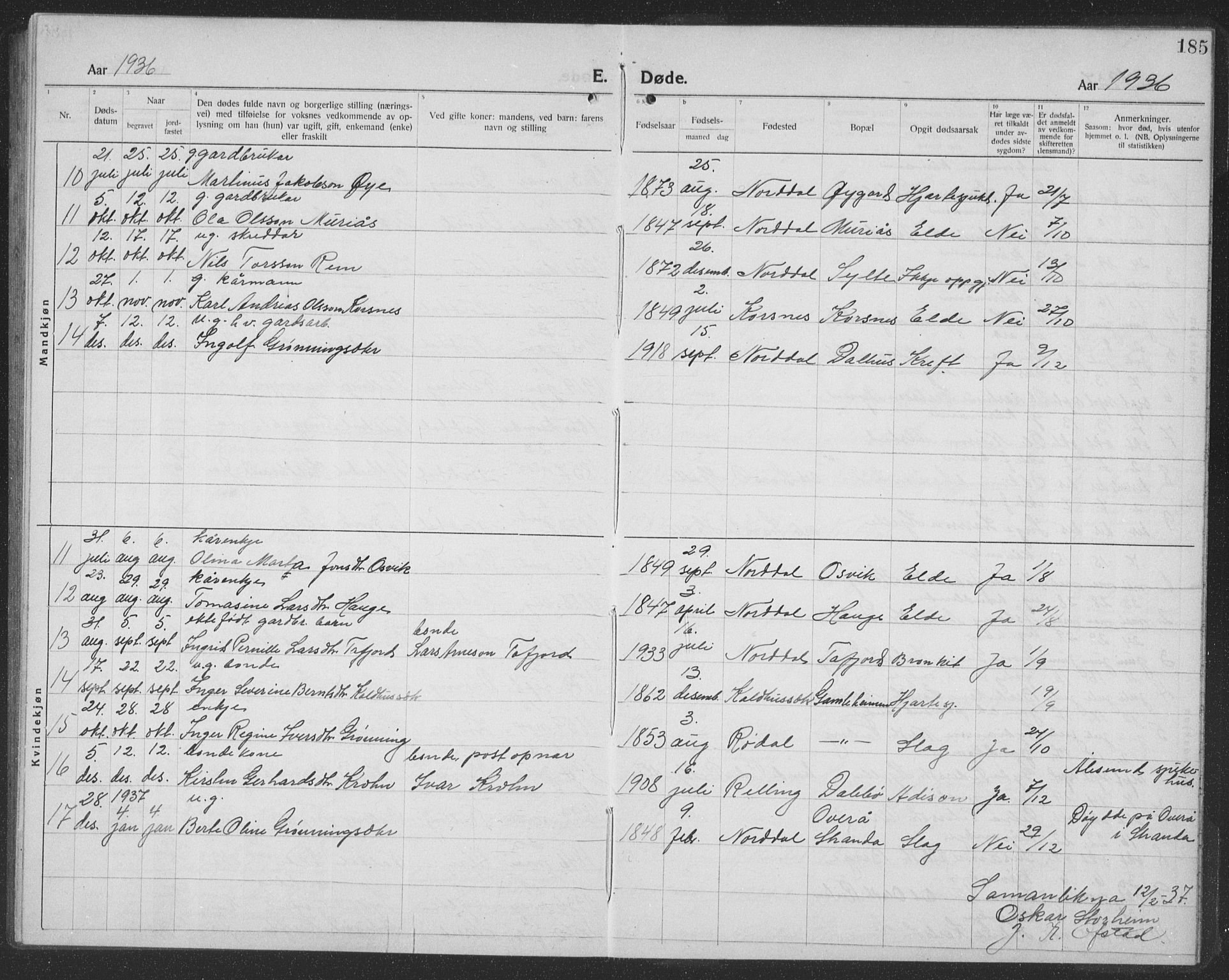 Ministerialprotokoller, klokkerbøker og fødselsregistre - Møre og Romsdal, SAT/A-1454/519/L0266: Parish register (copy) no. 519C07, 1921-1939, p. 185