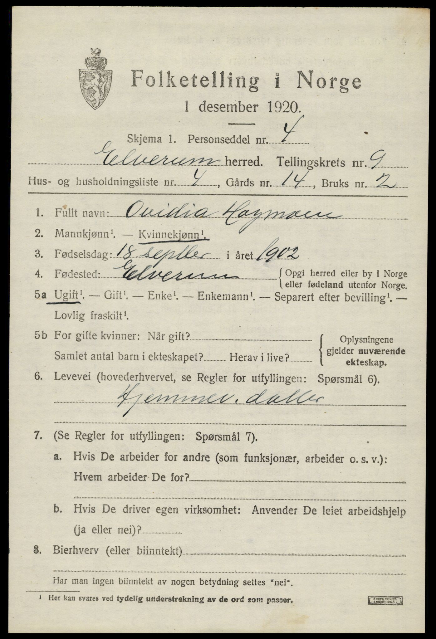 SAH, 1920 census for Elverum, 1920, p. 15596