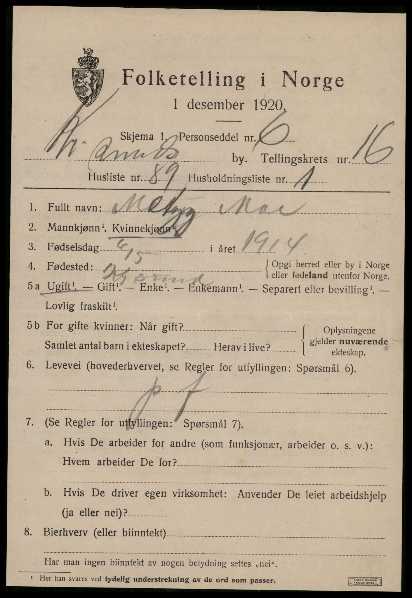 SAT, 1920 census for Kristiansund, 1920, p. 35891