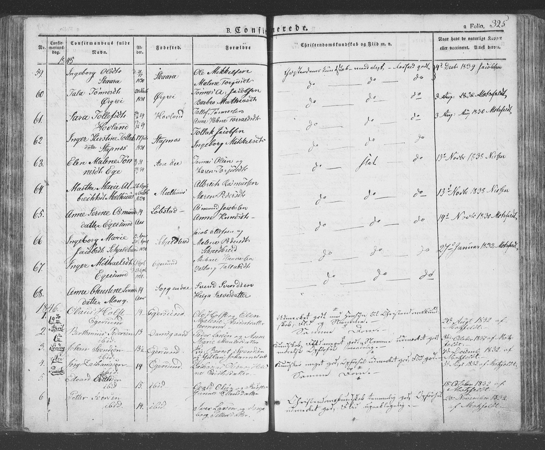 Eigersund sokneprestkontor, SAST/A-101807/S08/L0009: Parish register (official) no. A 9, 1827-1850, p. 325