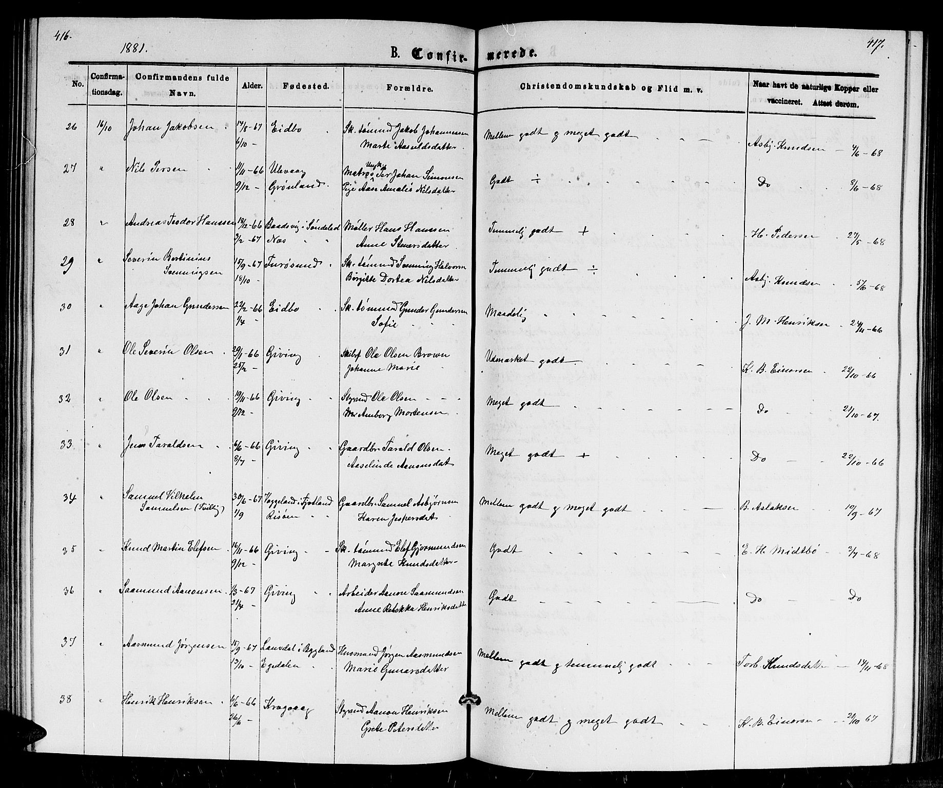 Dypvåg sokneprestkontor, AV/SAK-1111-0007/F/Fb/Fba/L0012: Parish register (copy) no. B 12, 1872-1886, p. 416-417