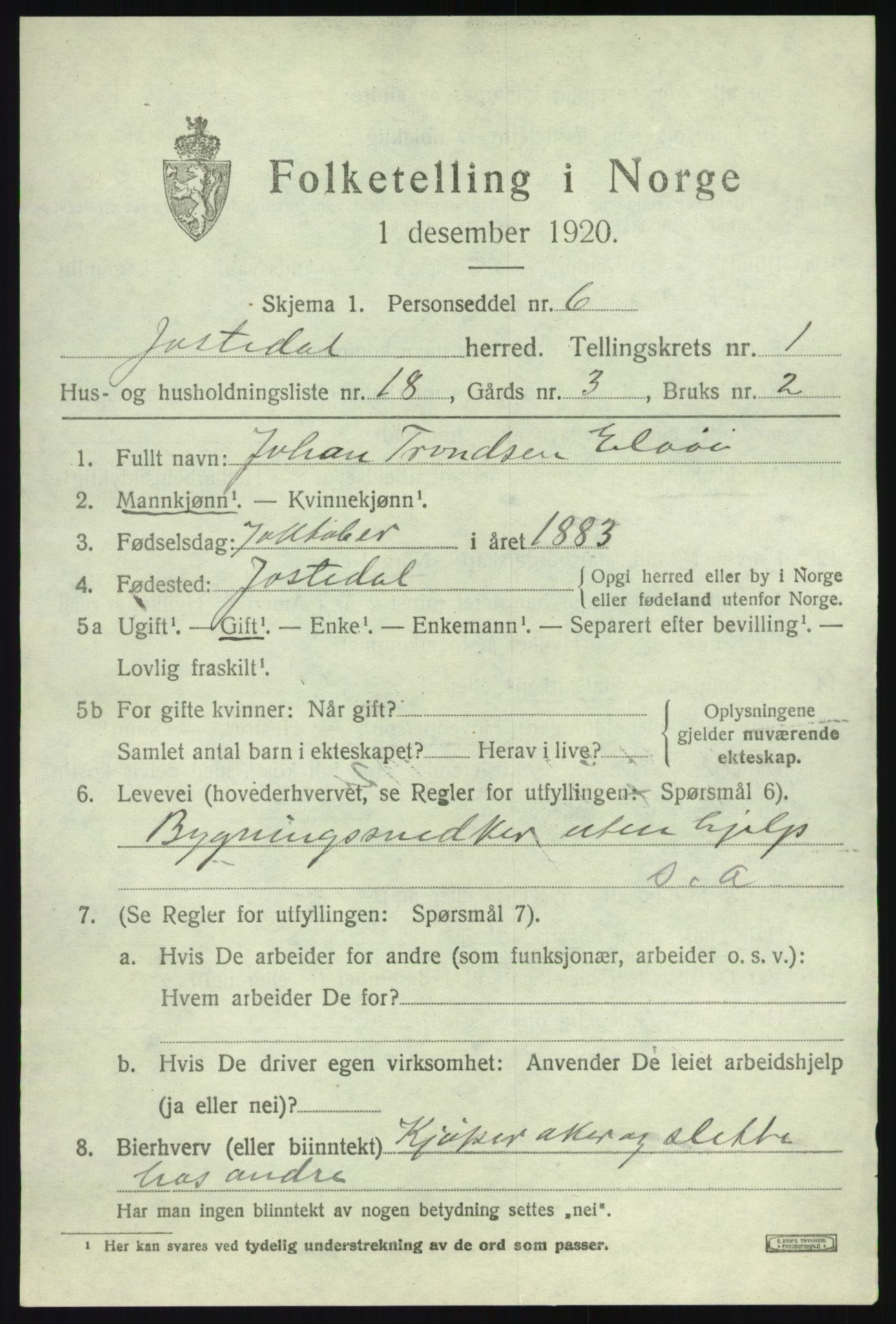 SAB, 1920 census for Jostedal, 1920, p. 568