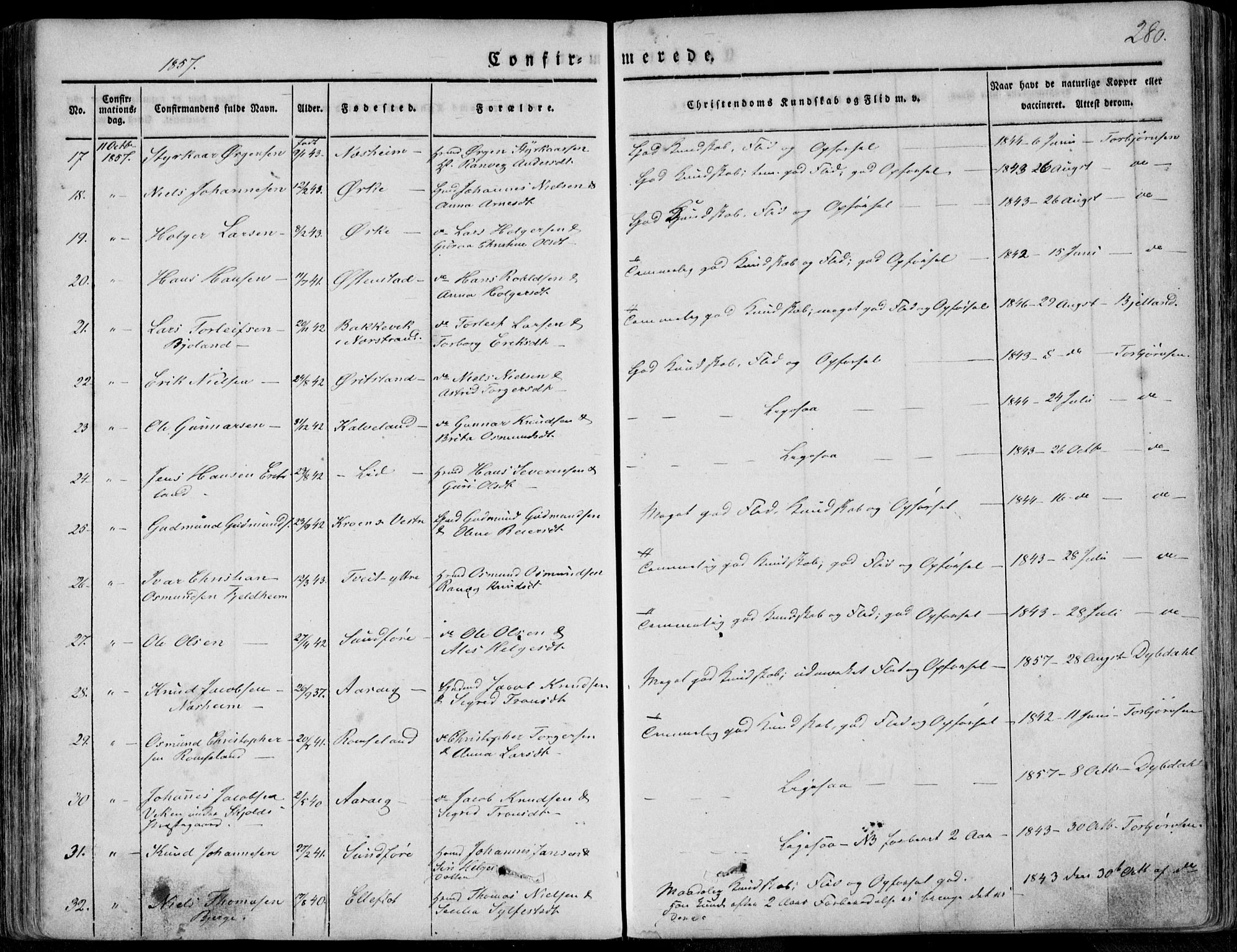 Skjold sokneprestkontor, AV/SAST-A-101847/H/Ha/Haa/L0006: Parish register (official) no. A 6.1, 1835-1858, p. 280