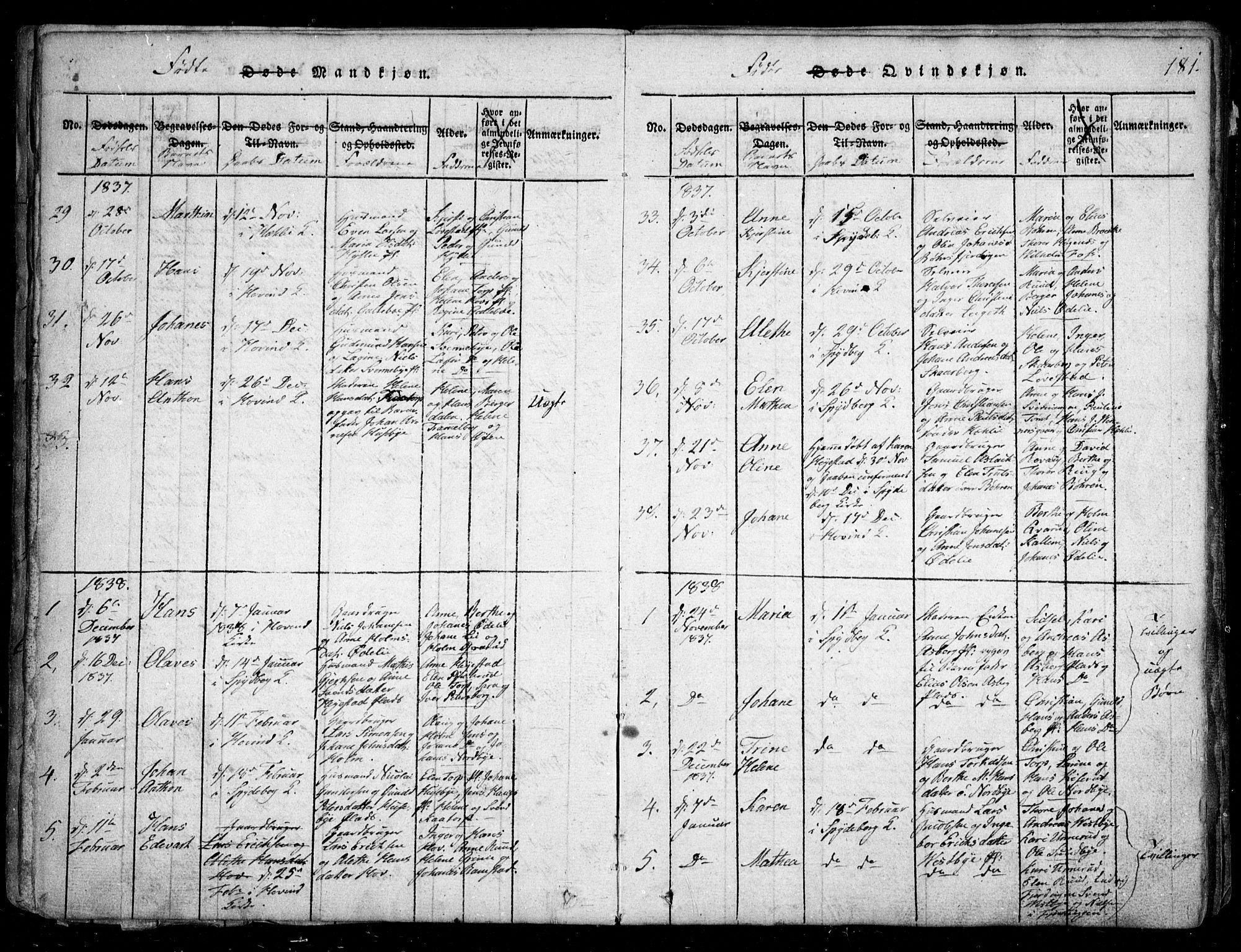 Spydeberg prestekontor Kirkebøker, AV/SAO-A-10924/G/Ga/L0001: Parish register (copy) no. I 1, 1814-1868, p. 181