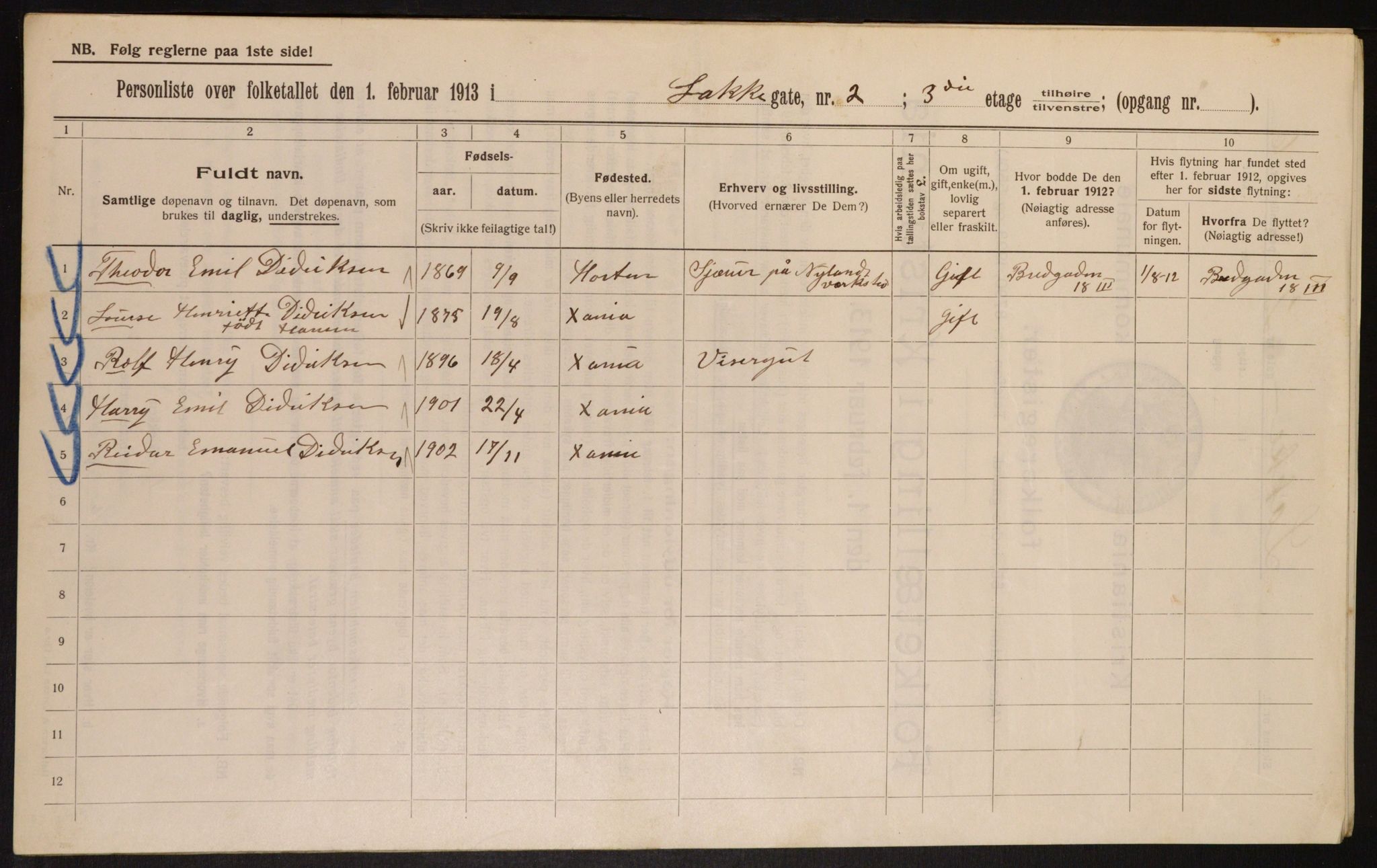 OBA, Municipal Census 1913 for Kristiania, 1913, p. 55022