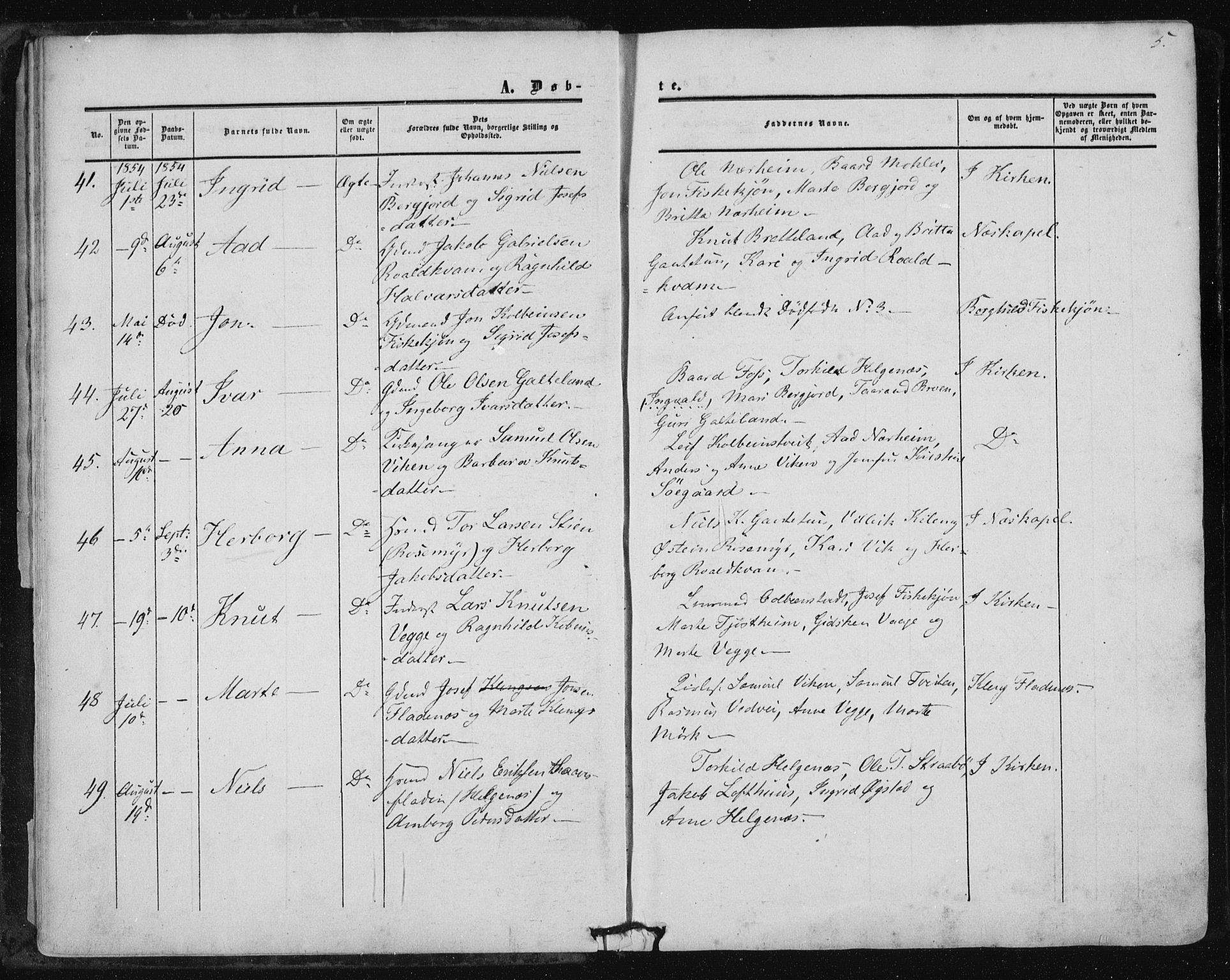 Suldal sokneprestkontor, AV/SAST-A-101845/01/IV/L0009: Parish register (official) no. A 9, 1854-1868, p. 5