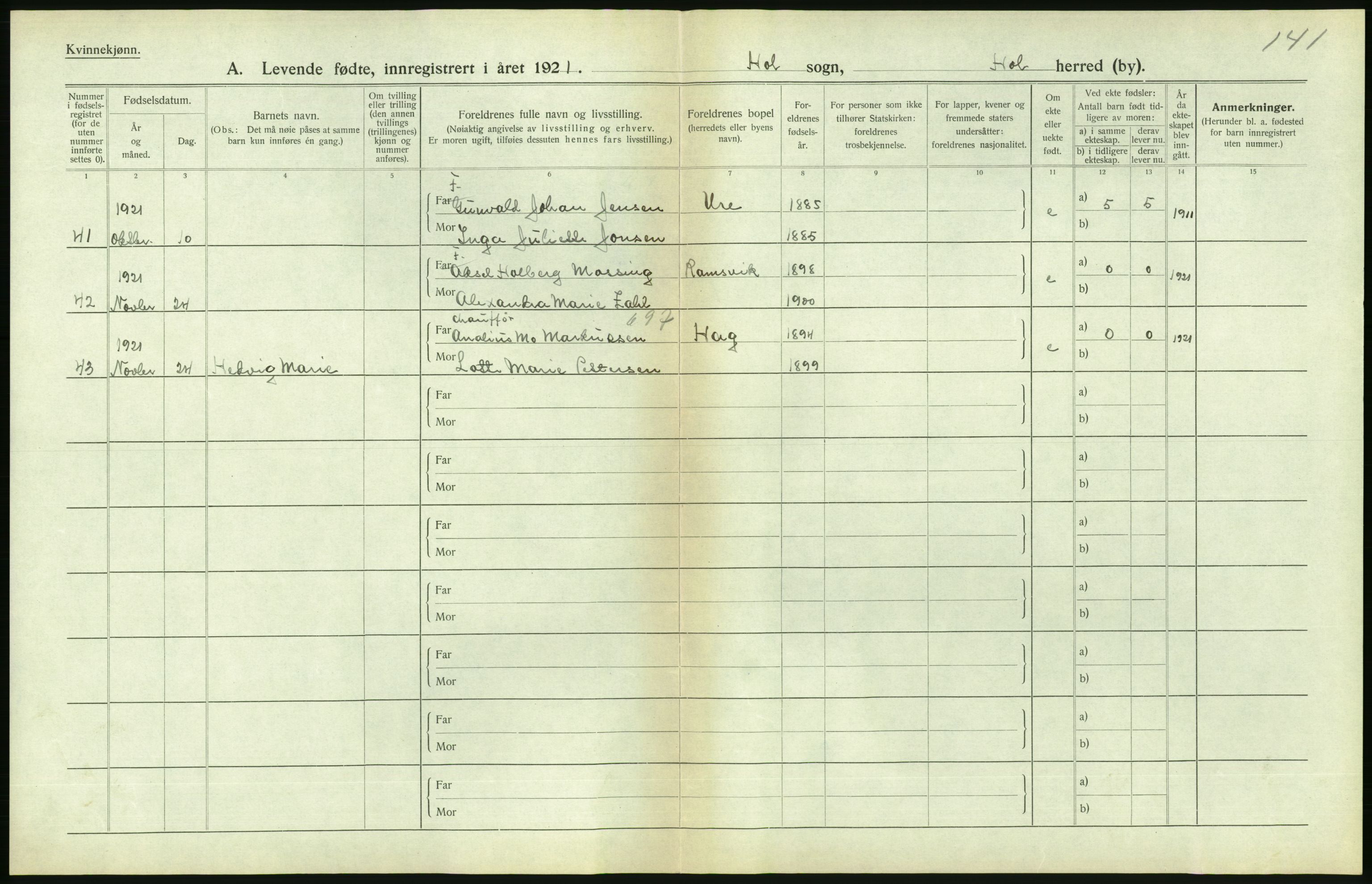 Statistisk sentralbyrå, Sosiodemografiske emner, Befolkning, AV/RA-S-2228/D/Df/Dfc/Dfca/L0049: Nordland fylke: Levendefødte menn og kvinner. Bygder., 1921, p. 354