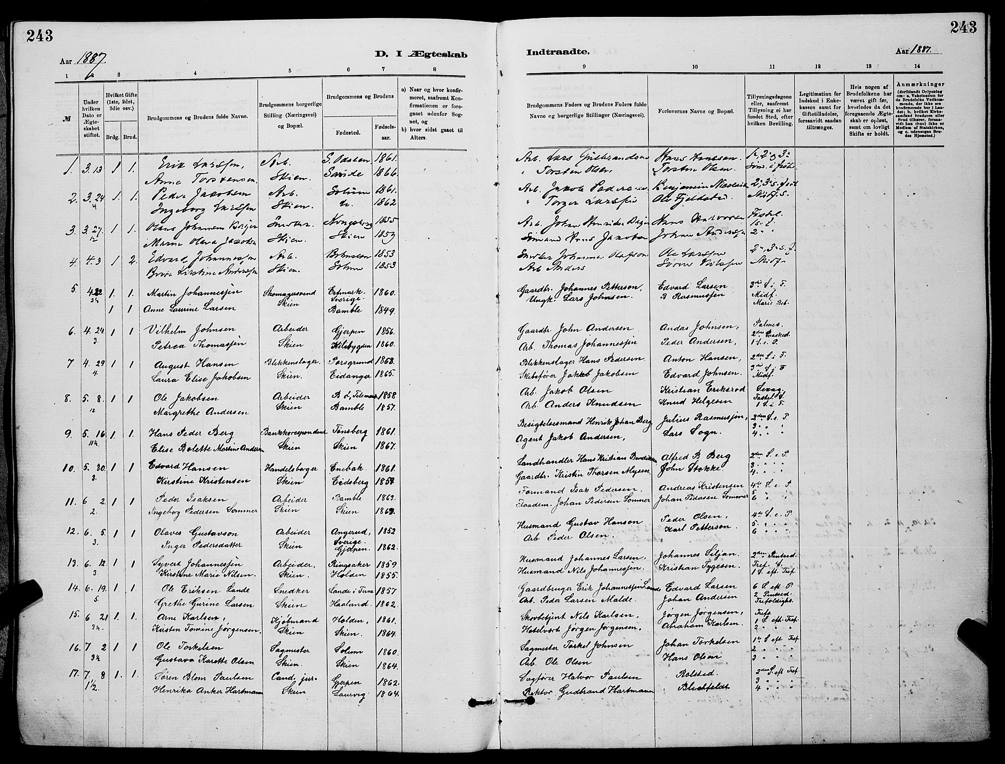 Skien kirkebøker, SAKO/A-302/G/Ga/L0006: Parish register (copy) no. 6, 1881-1890, p. 243