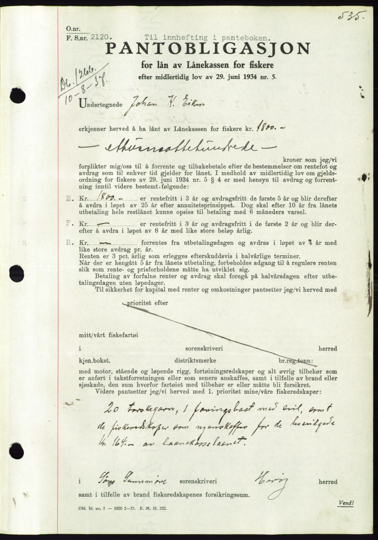 Søre Sunnmøre sorenskriveri, AV/SAT-A-4122/1/2/2C/L0063: Mortgage book no. 57, 1937-1937, Diary no: : 1266/1937